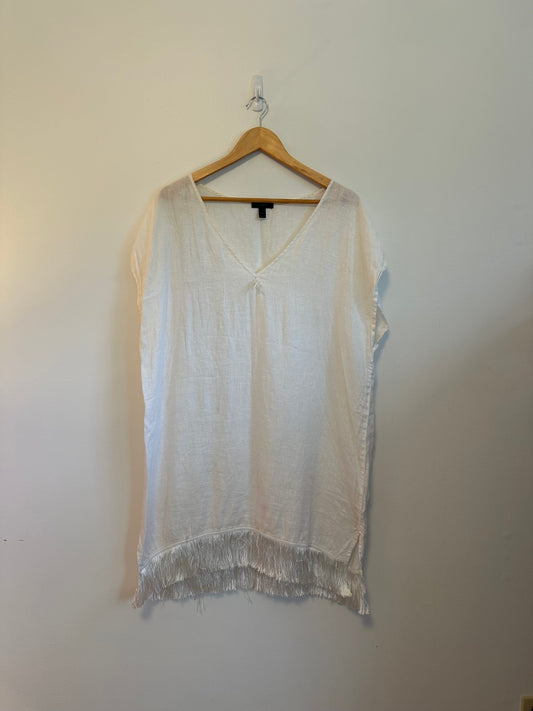 J. Crew White 100% Linen Fringe Hem Beach Coverup | Size Large
