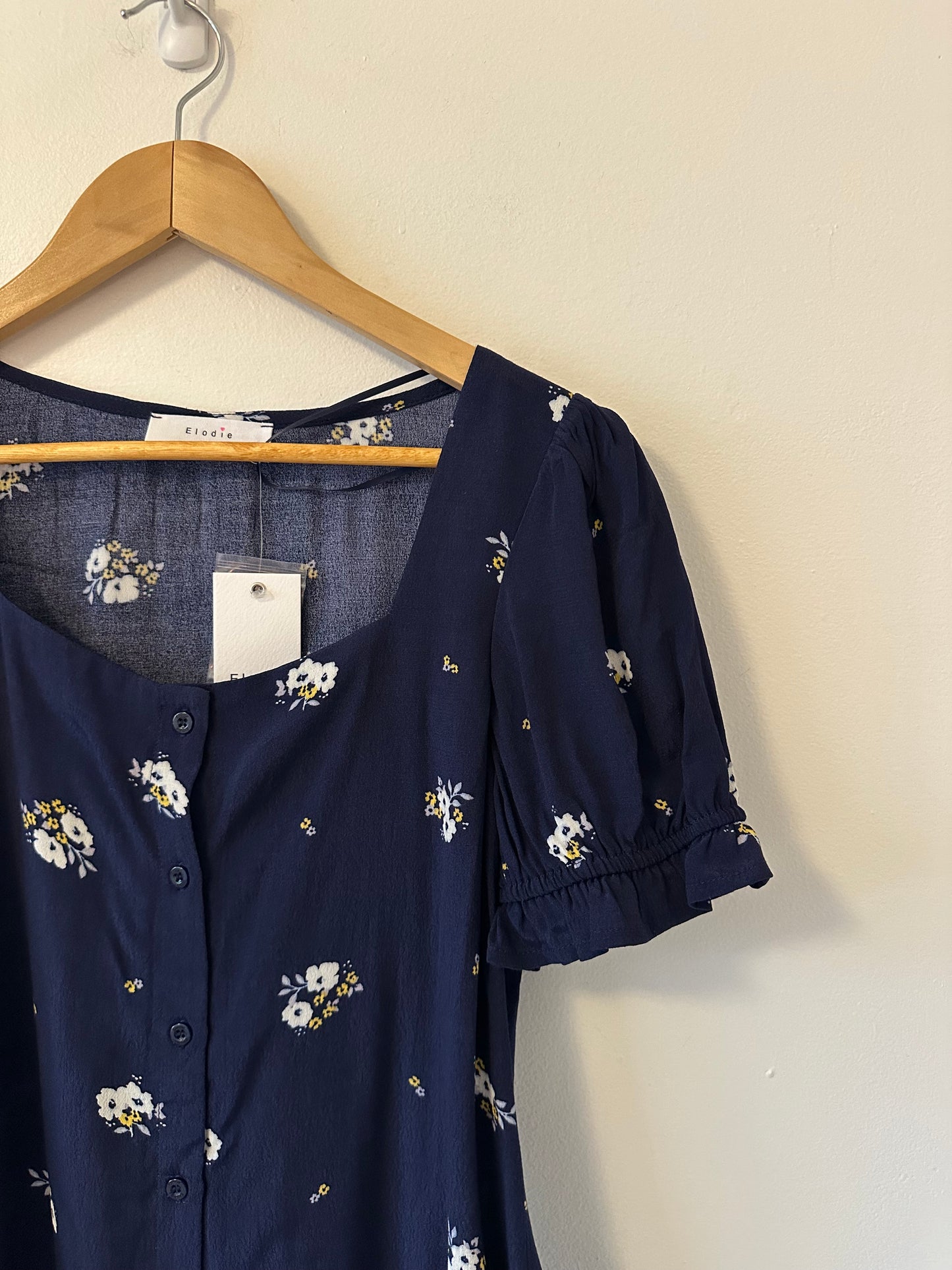 NWT Anthropologie Elodie Navy Blue Floral Ruffle Puff Sleeve Blouse | Size XS