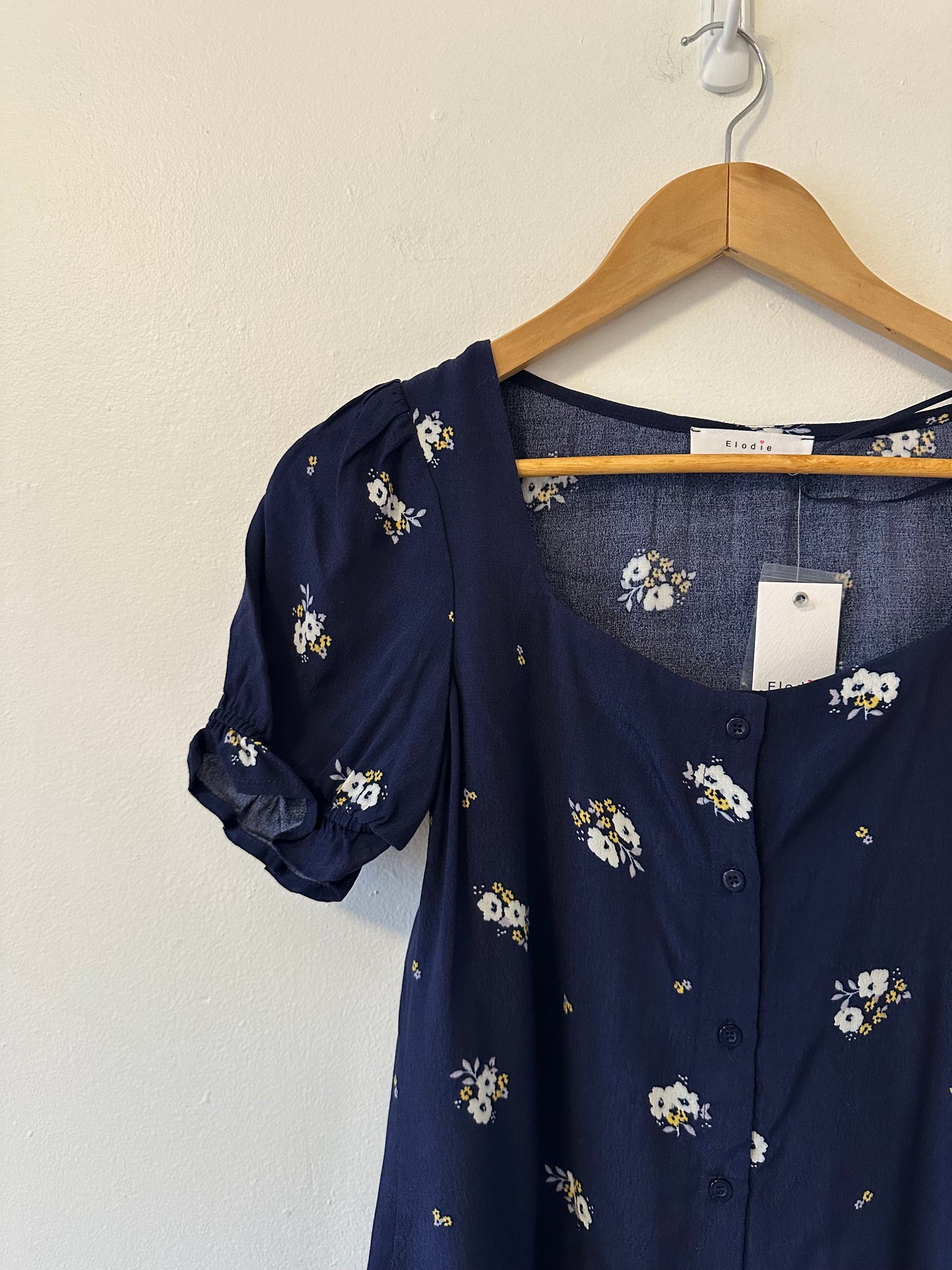 NWT Anthropologie Elodie Navy Blue Floral Ruffle Puff Sleeve Blouse | Size XS