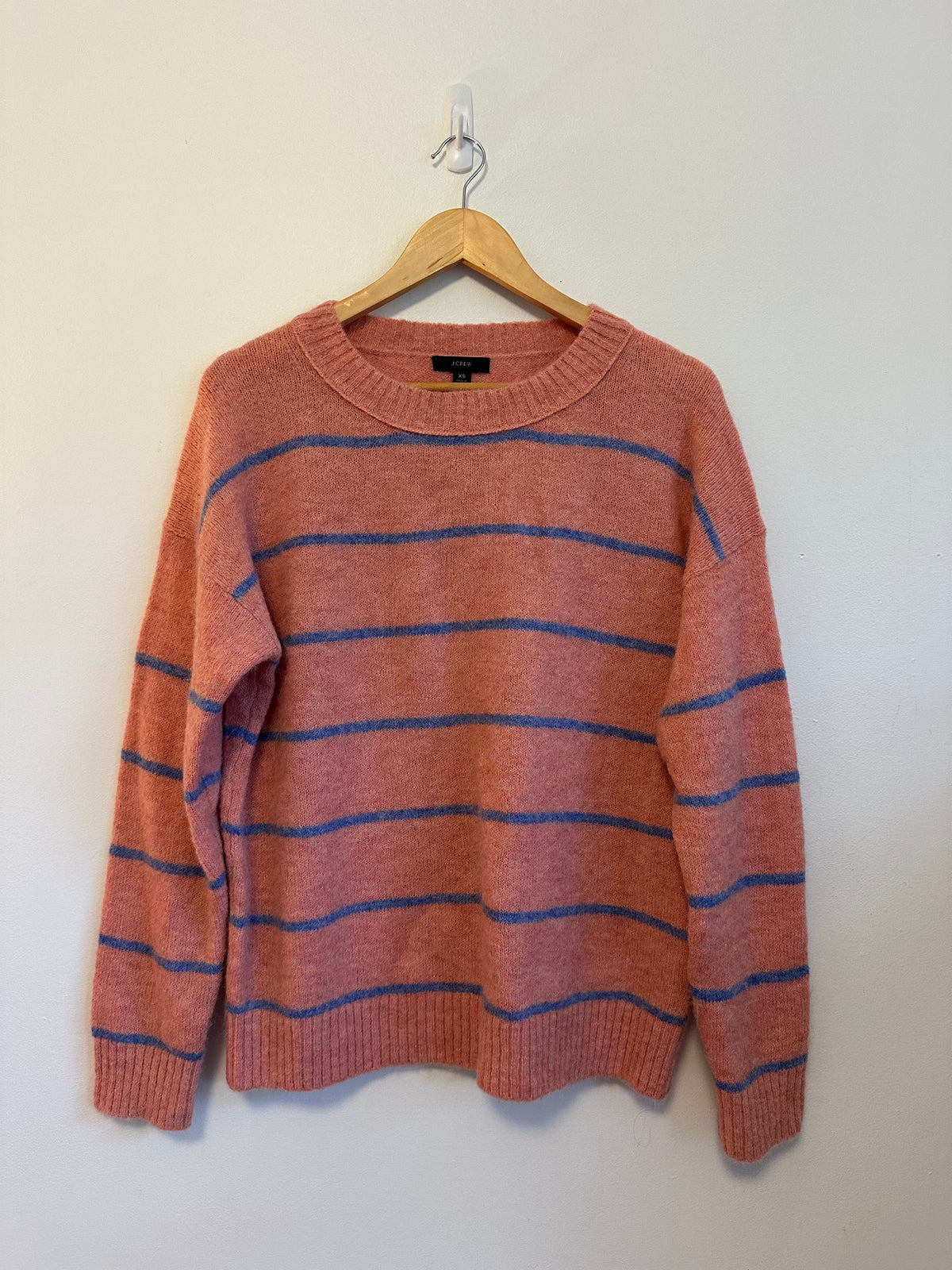 J. Crew Coral Pink and Blue Striped Fuzzy Knit Crewneck Sweater | Size XS