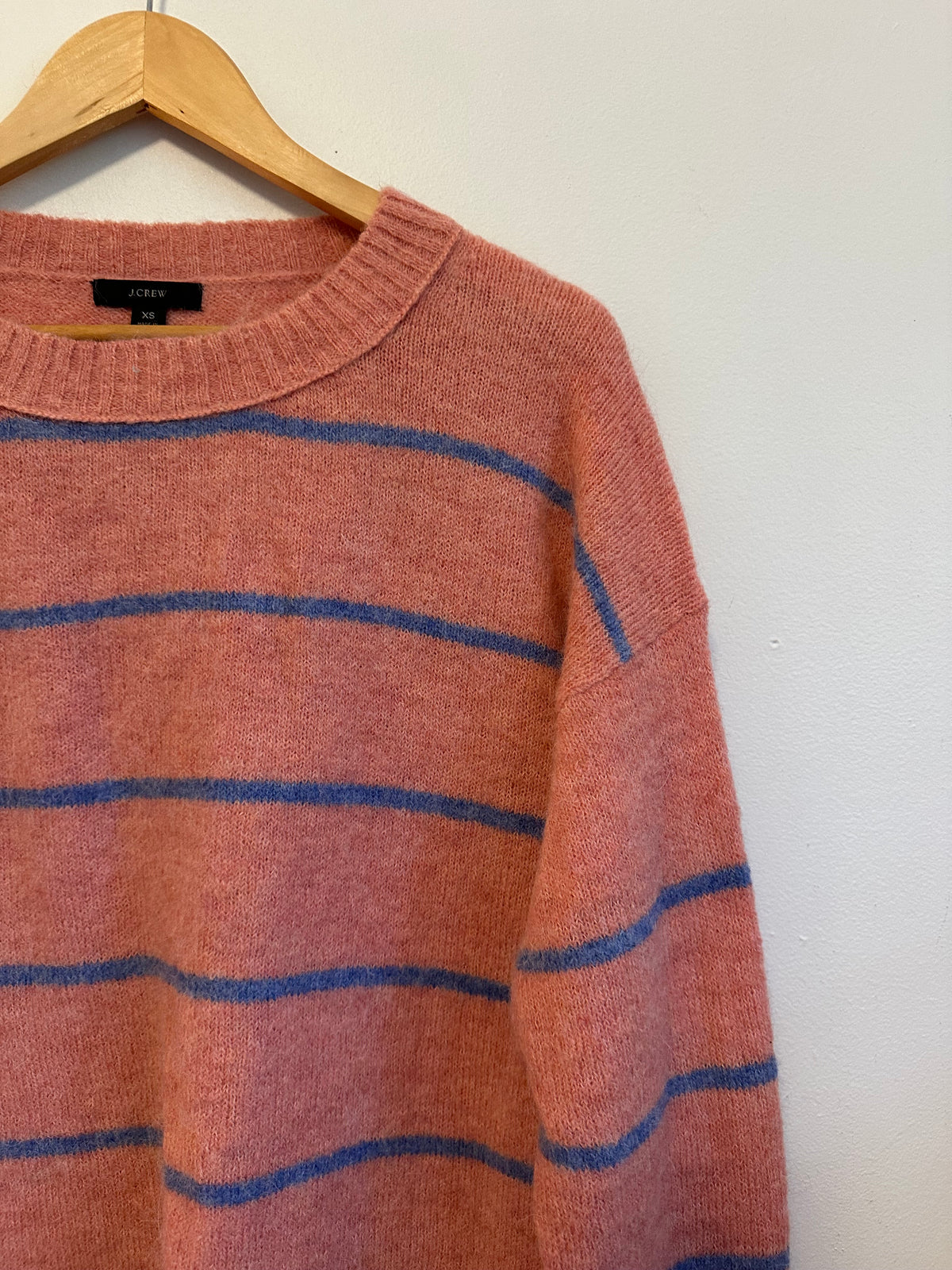 J. Crew Coral Pink and Blue Striped Fuzzy Knit Crewneck Sweater | Size XS