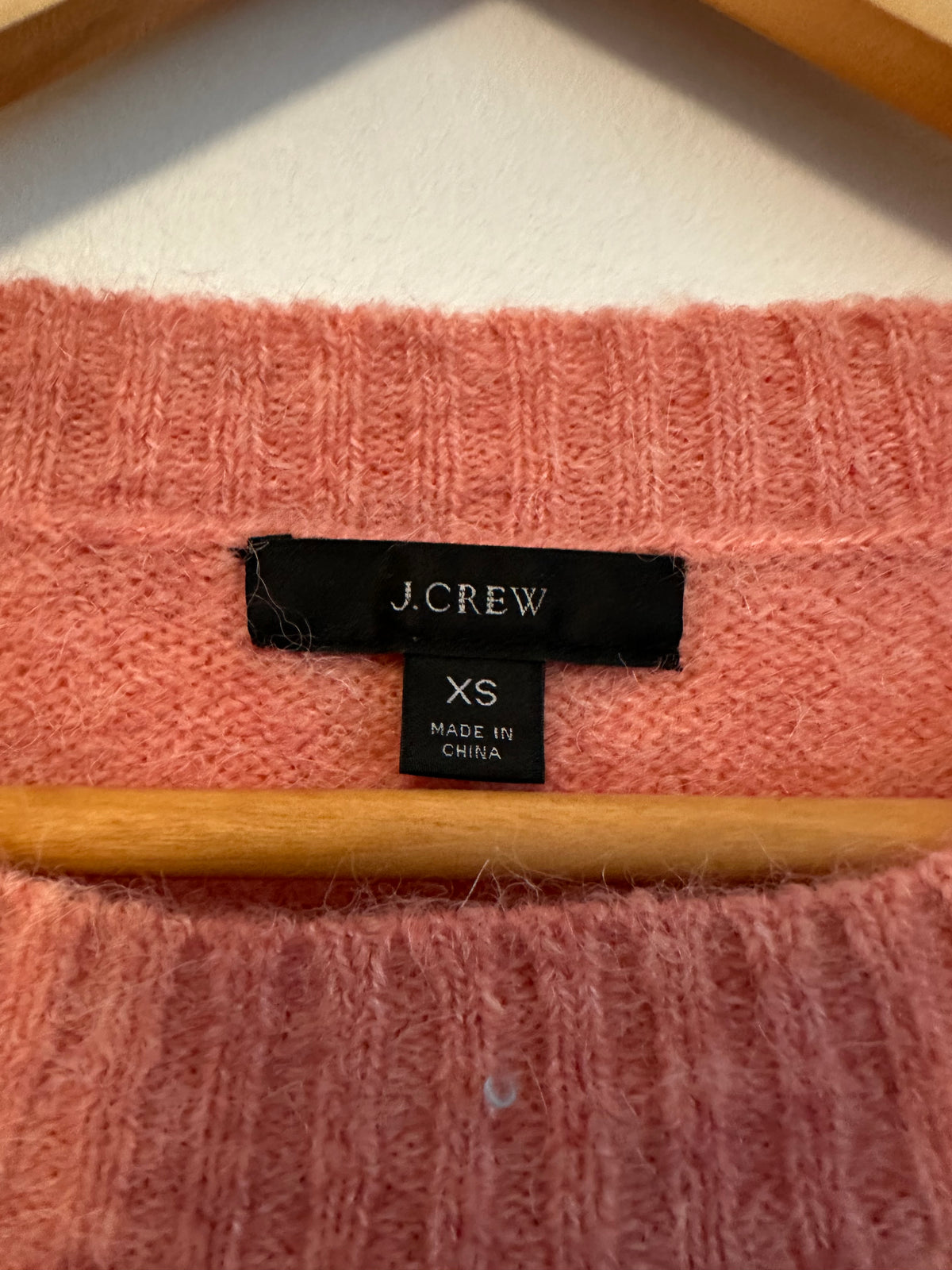 J. Crew Coral Pink and Blue Striped Fuzzy Knit Crewneck Sweater | Size XS