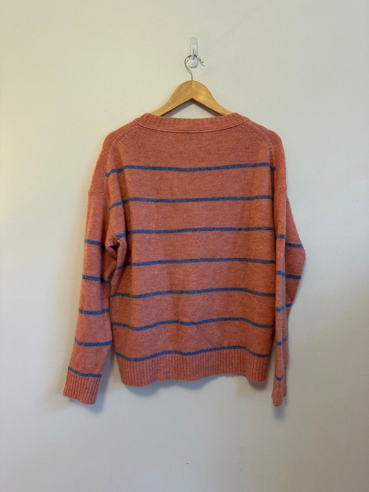 J. Crew Coral Pink and Blue Striped Fuzzy Knit Crewneck Sweater | Size XS