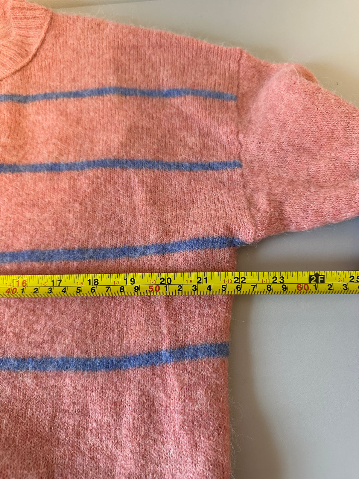 J. Crew Coral Pink and Blue Striped Fuzzy Knit Crewneck Sweater | Size XS