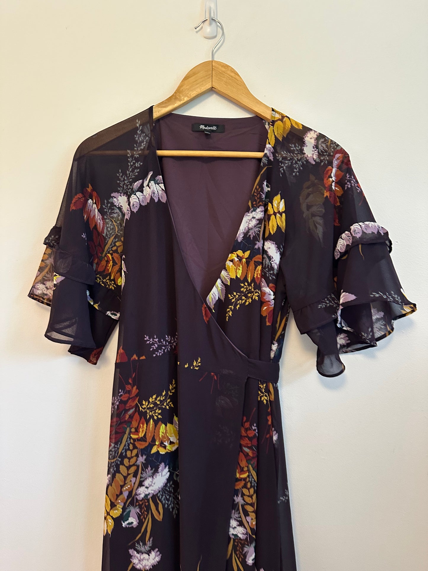 Madewell Vervain Ruffle-Sleeve Wrap Dress in Blooming Oasis in Dark Eggplant
