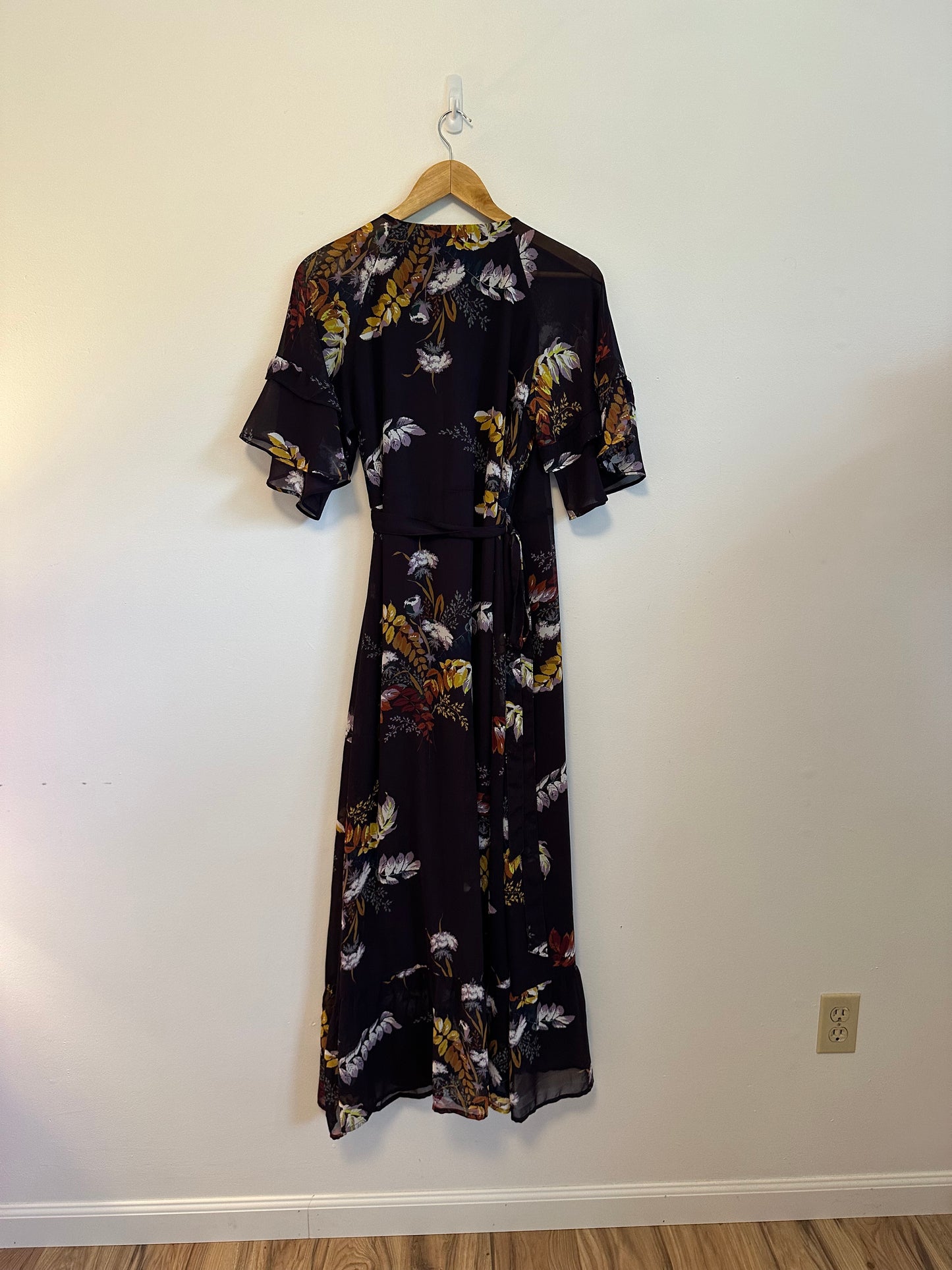Madewell Vervain Ruffle-Sleeve Wrap Dress in Blooming Oasis in Dark Eggplant