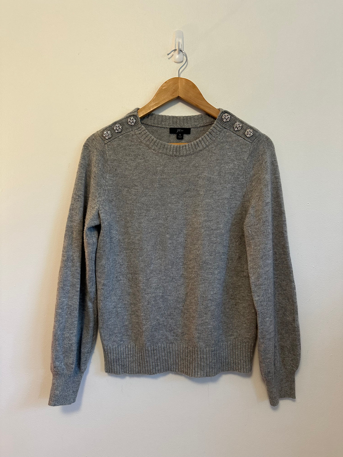 J. Crew Gray Lambswool Blend Rhinestone Shoulder Button Sweater | Size Small