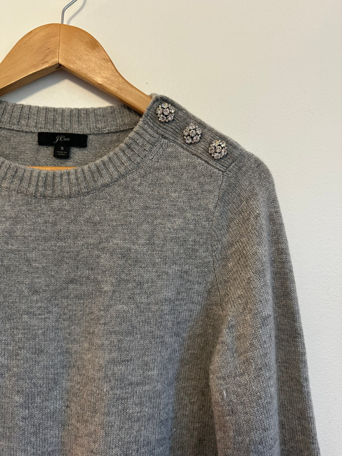J. Crew Gray Lambswool Blend Rhinestone Shoulder Button Sweater | Size Small