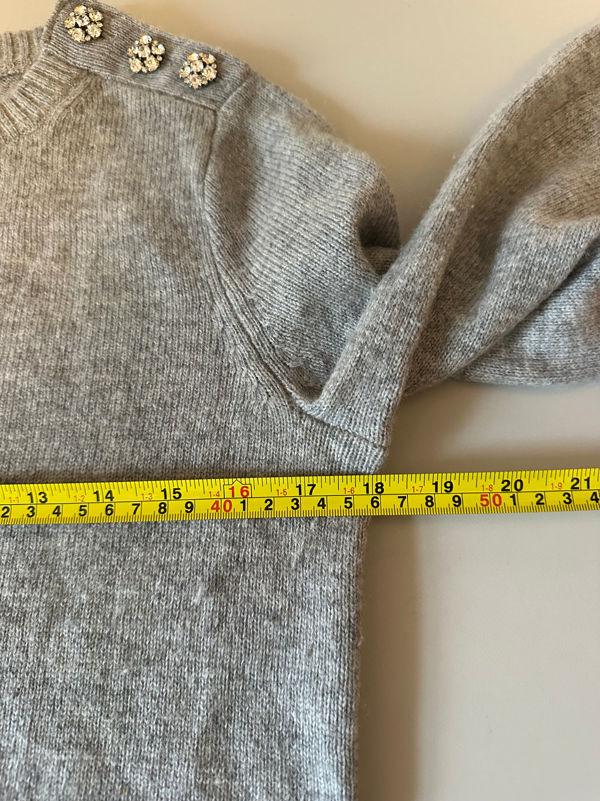 J. Crew Gray Lambswool Blend Rhinestone Shoulder Button Sweater | Size Small