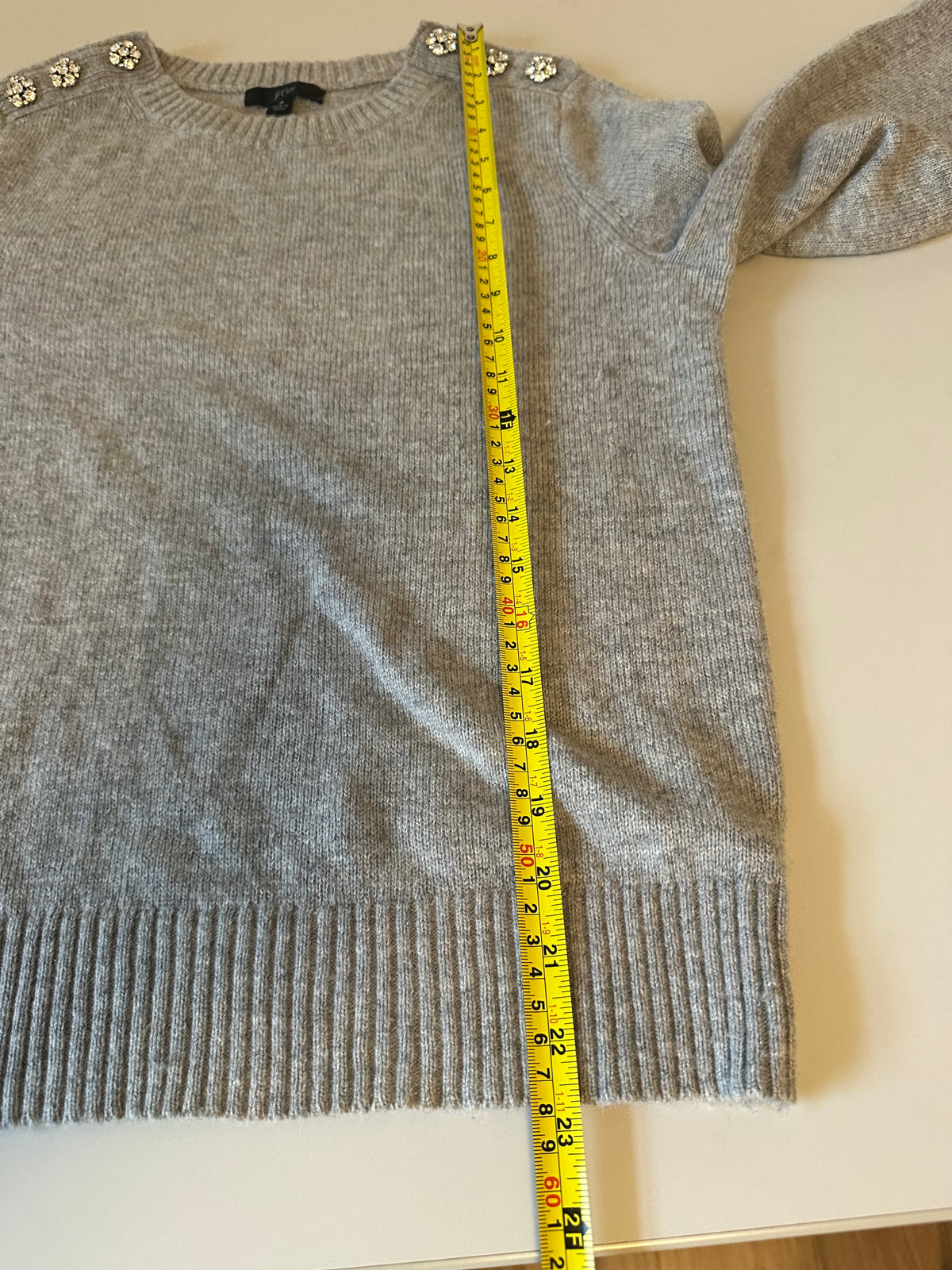 J. Crew Gray Lambswool Blend Rhinestone Shoulder Button Sweater | Size Small