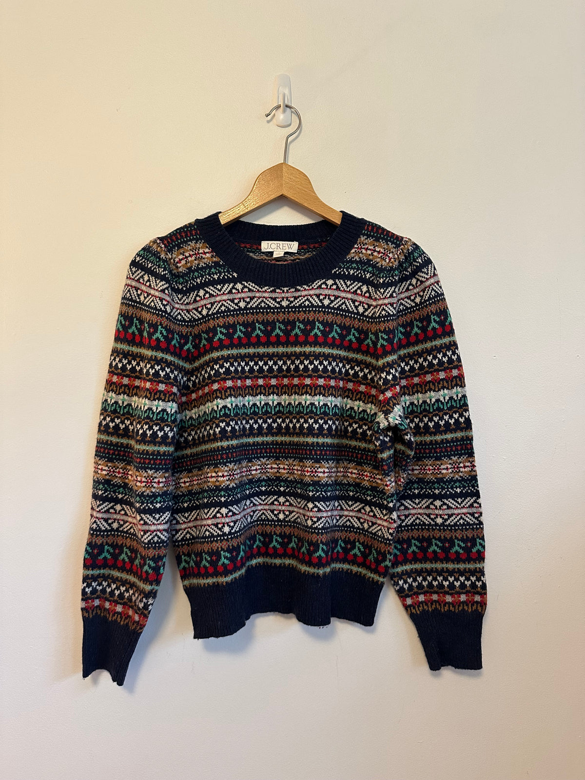 J. Crew Navy Blue Fair Isle Cherry Lambswool Blend Sweater | Size Small