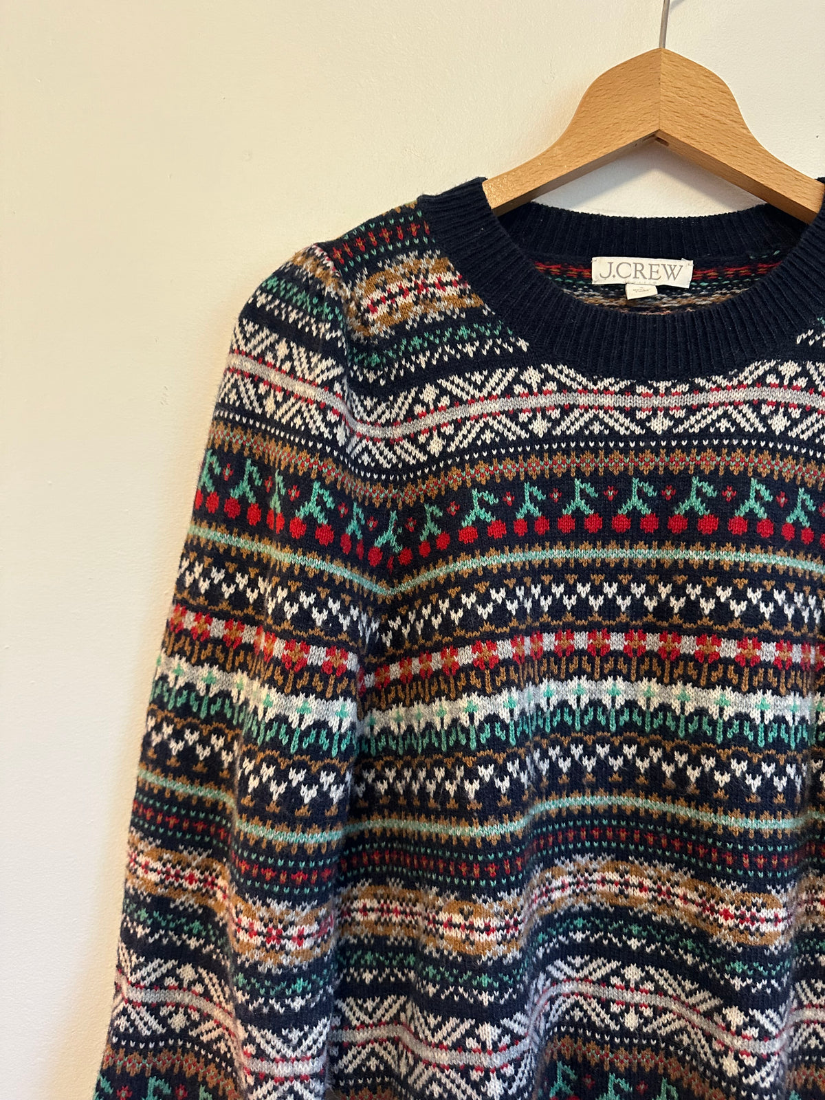 J. Crew Navy Blue Fair Isle Cherry Lambswool Blend Sweater | Size Small