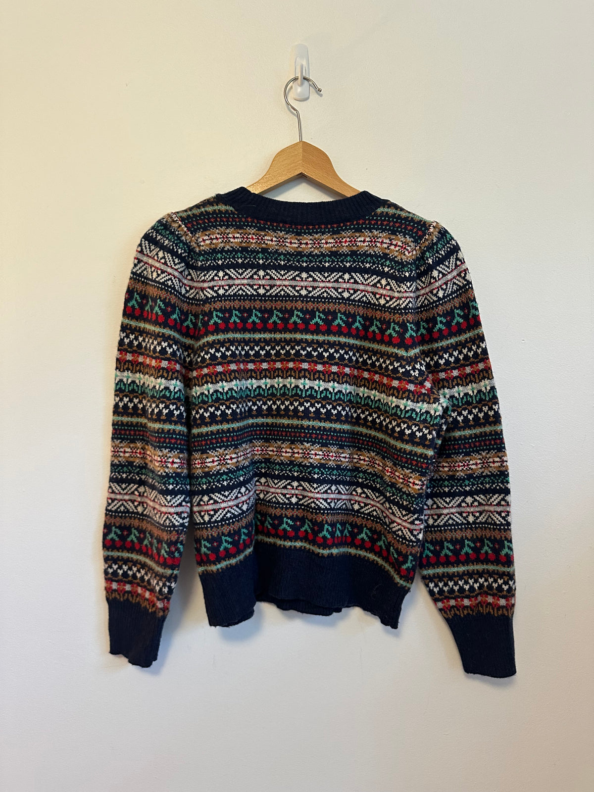 J. Crew Navy Blue Fair Isle Cherry Lambswool Blend Sweater | Size Small