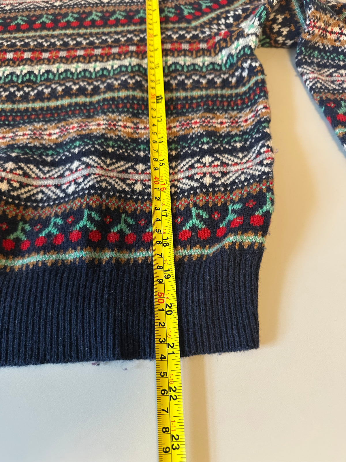 J. Crew Navy Blue Fair Isle Cherry Lambswool Blend Sweater | Size Small