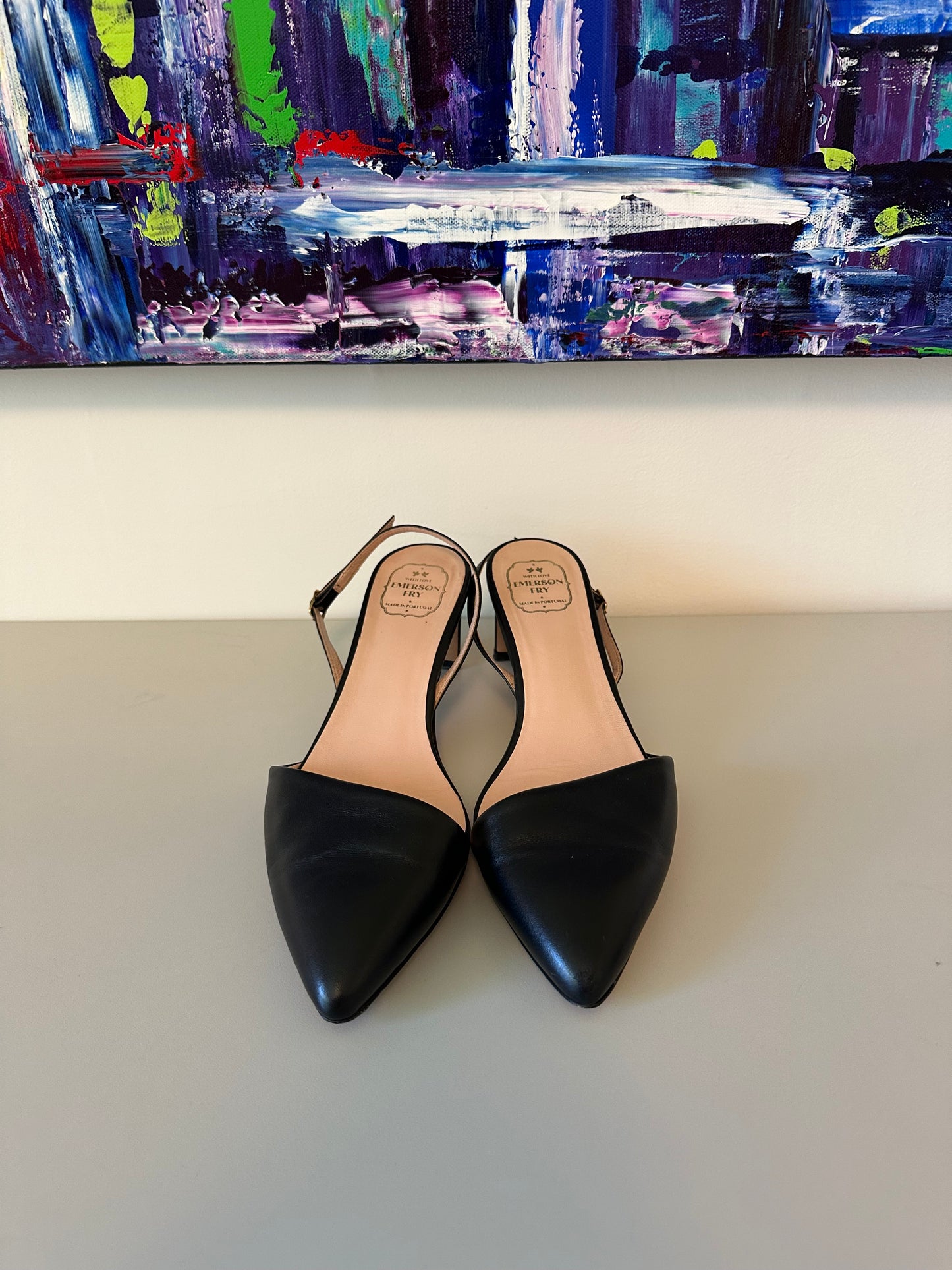 Emerson Fry Frankie Angled Slingback in Black Leather | Size 40