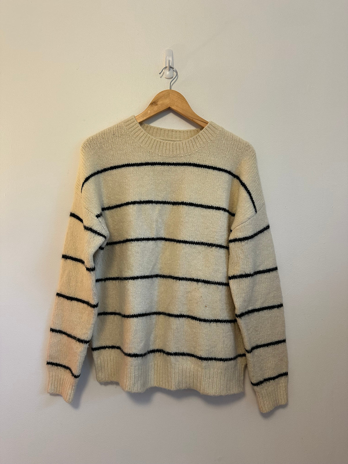 Lush Cream and Black Striped Crew Neck Fuzzy Knit Sweater | Size Small