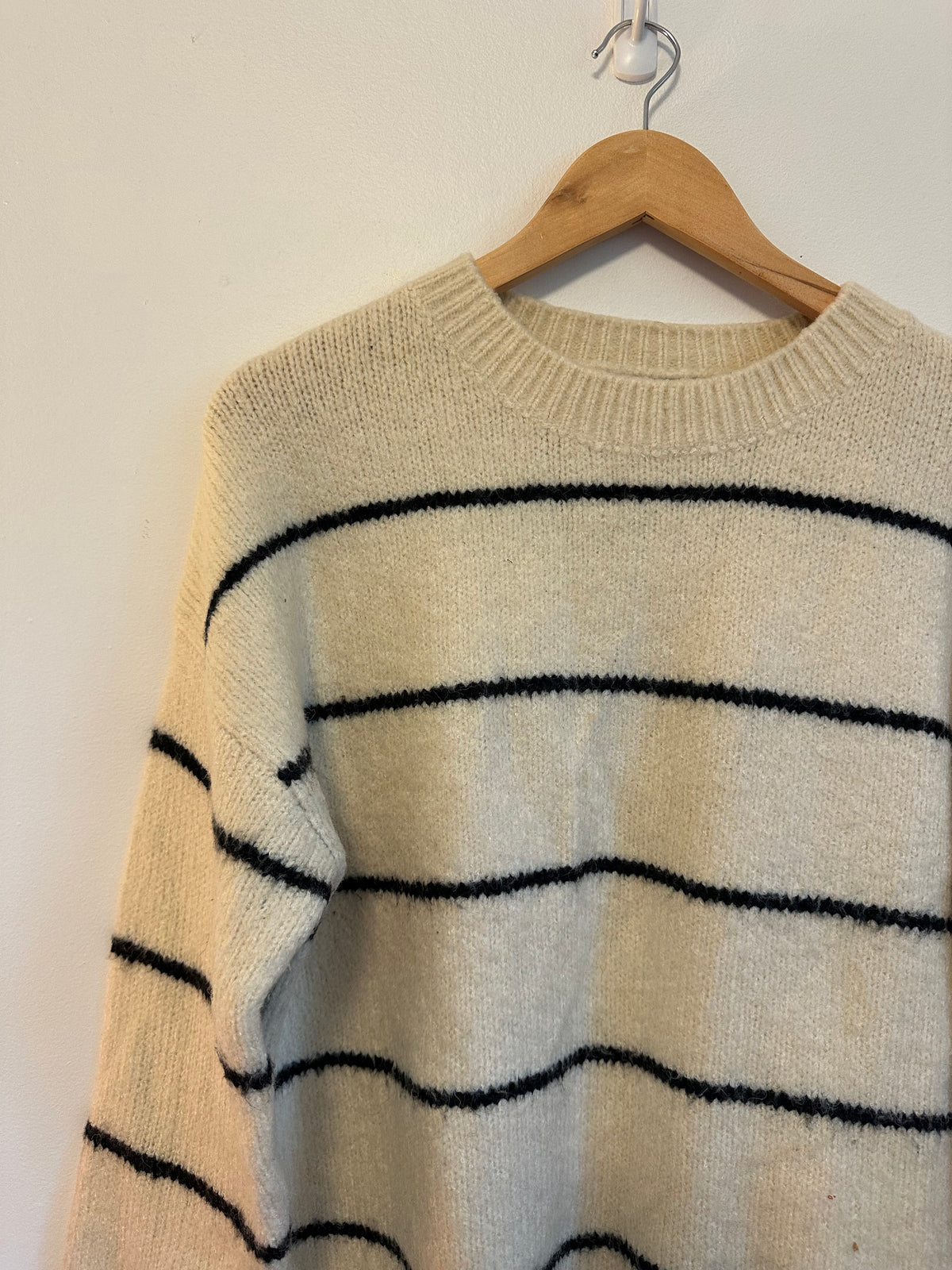 Lush Cream and Black Striped Crew Neck Fuzzy Knit Sweater | Size Small