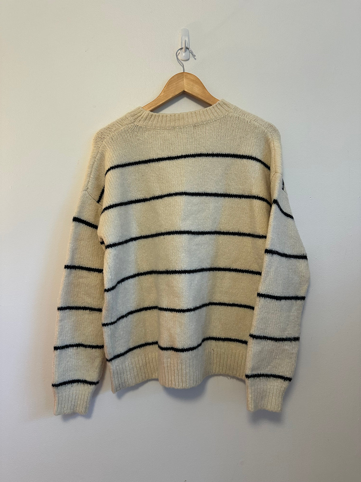 Lush Cream and Black Striped Crew Neck Fuzzy Knit Sweater | Size Small