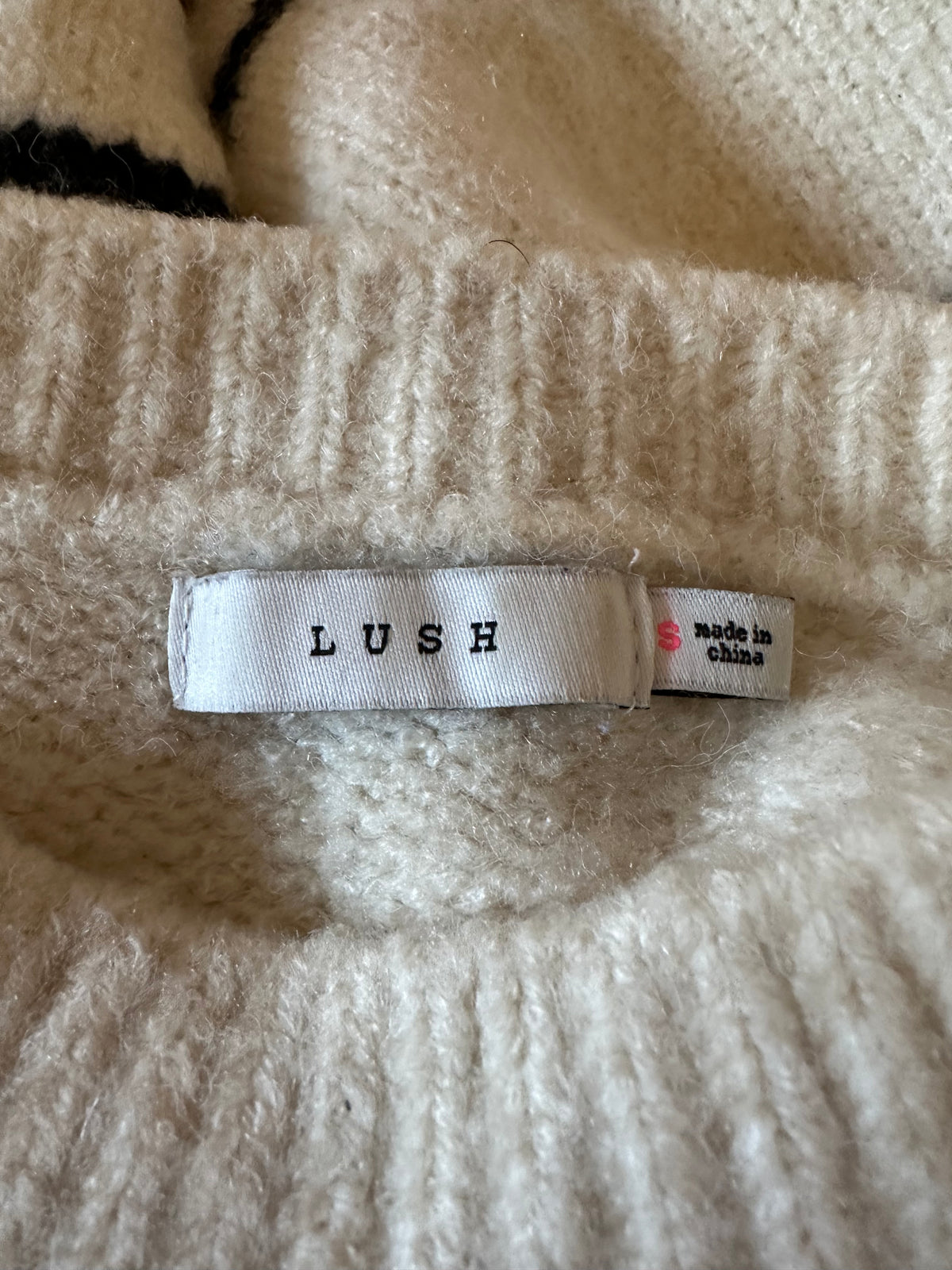 Lush Cream and Black Striped Crew Neck Fuzzy Knit Sweater | Size Small
