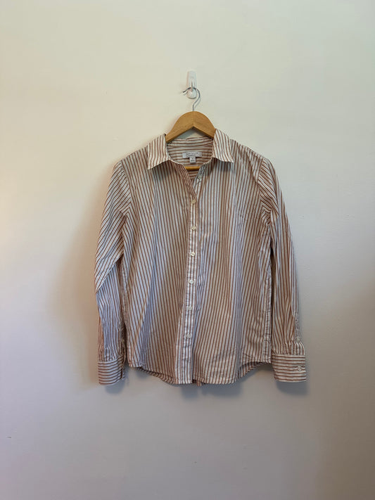 Ann Taylor Tan and White Striped Cotton Button Down Shirt | Size Medium