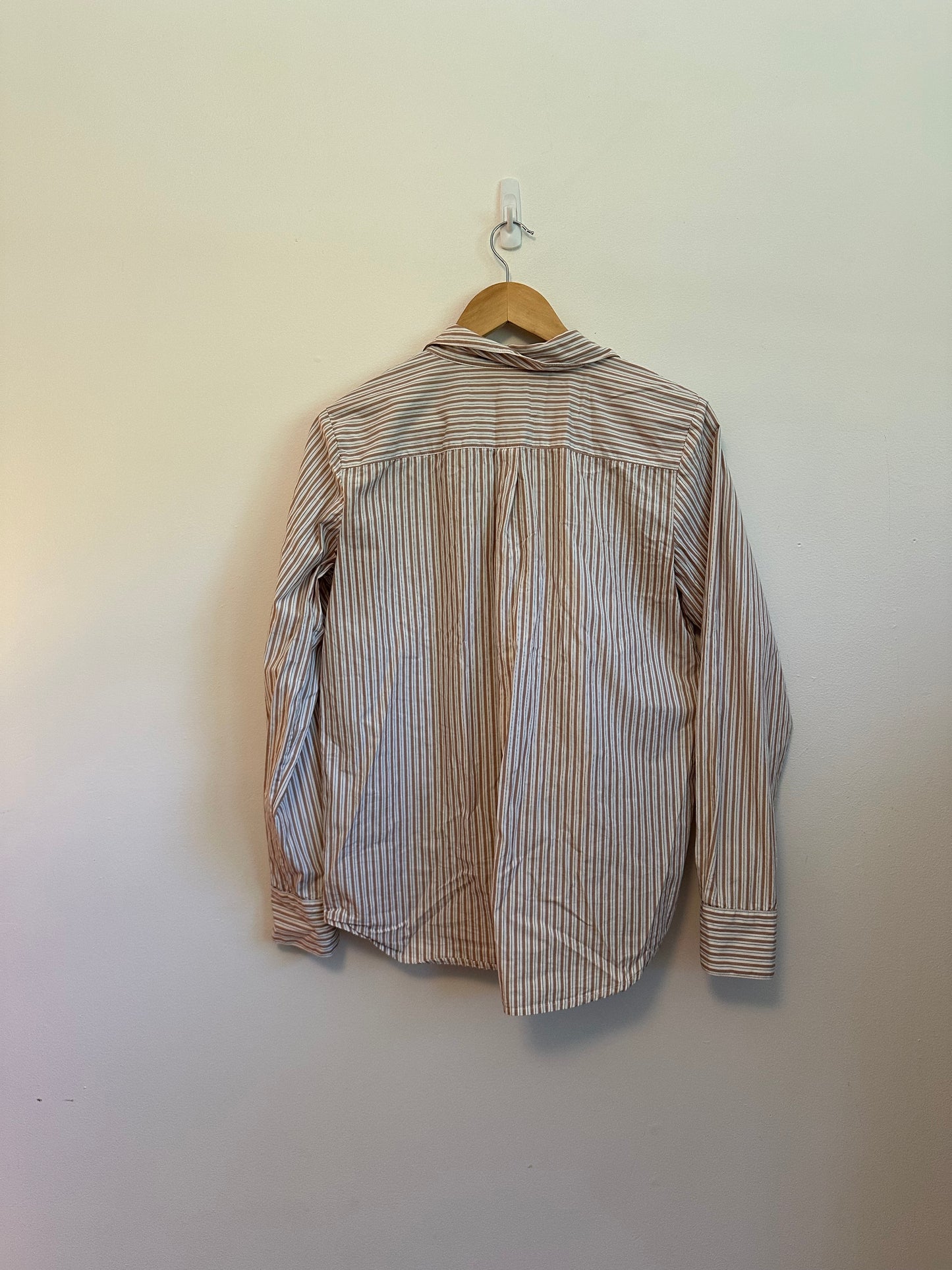 Ann Taylor Tan and White Striped Cotton Button Down Shirt | Size Medium