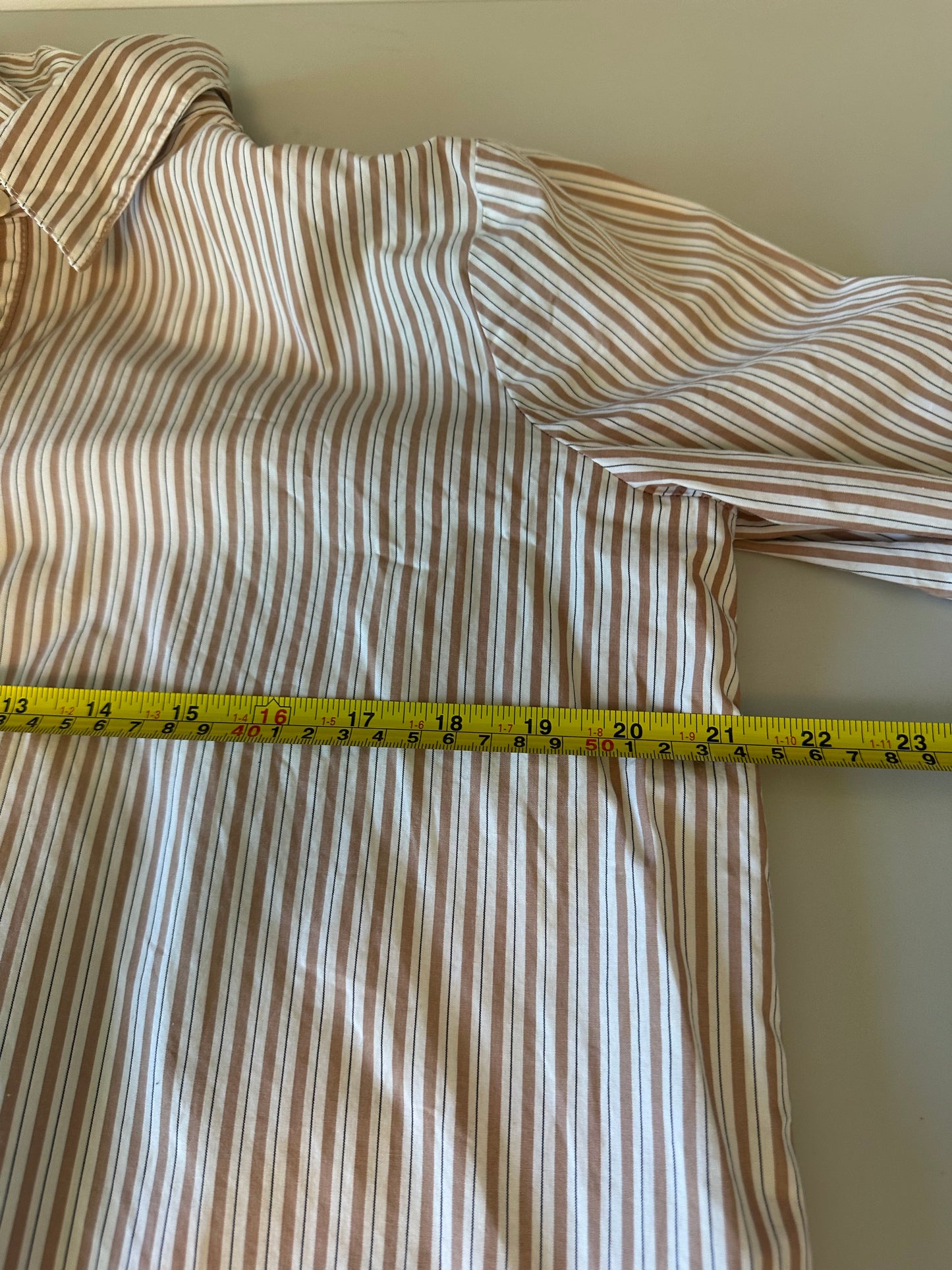 Ann Taylor Tan and White Striped Cotton Button Down Shirt | Size Medium