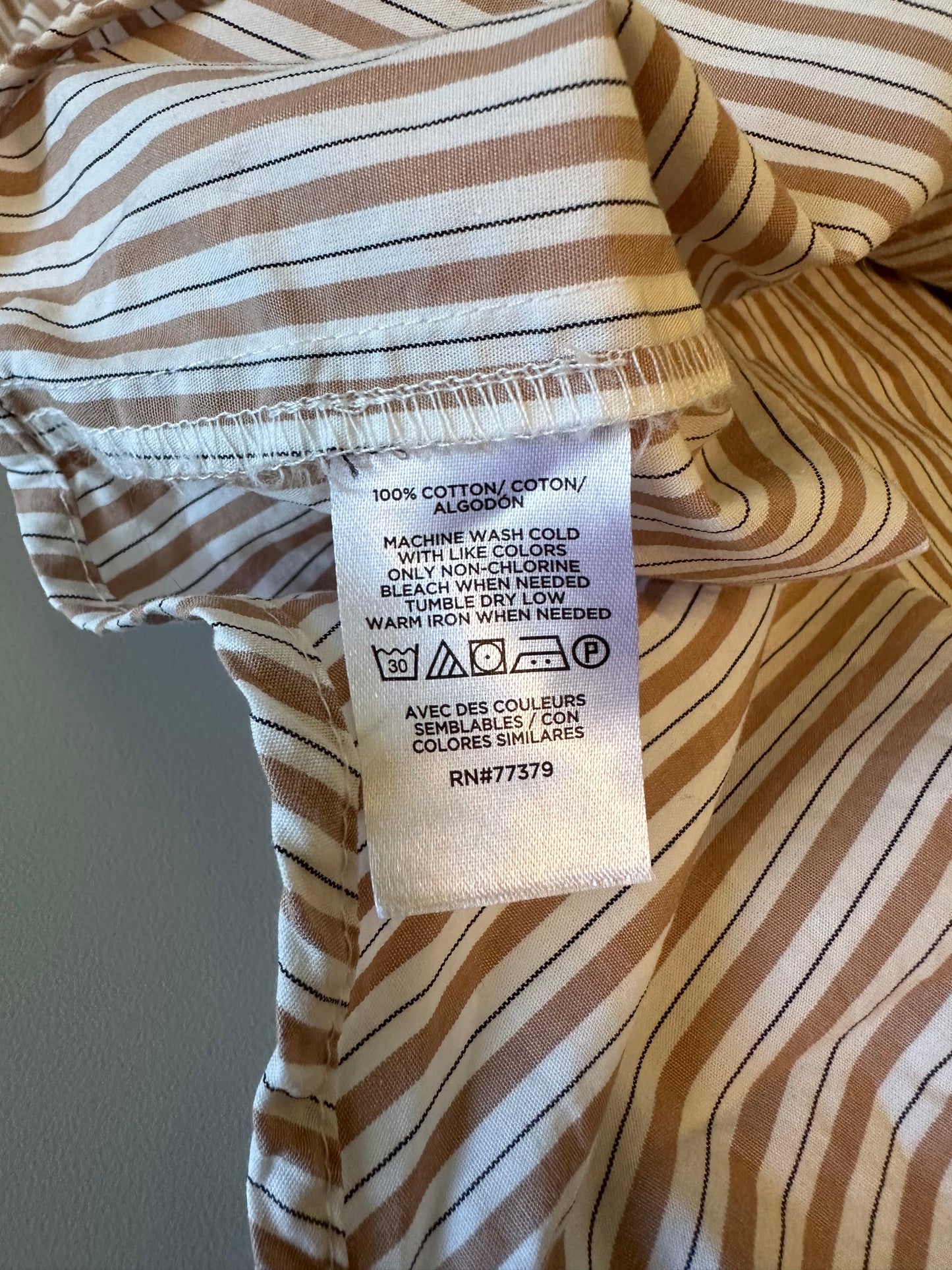 Ann Taylor Tan and White Striped Cotton Button Down Shirt | Size Medium