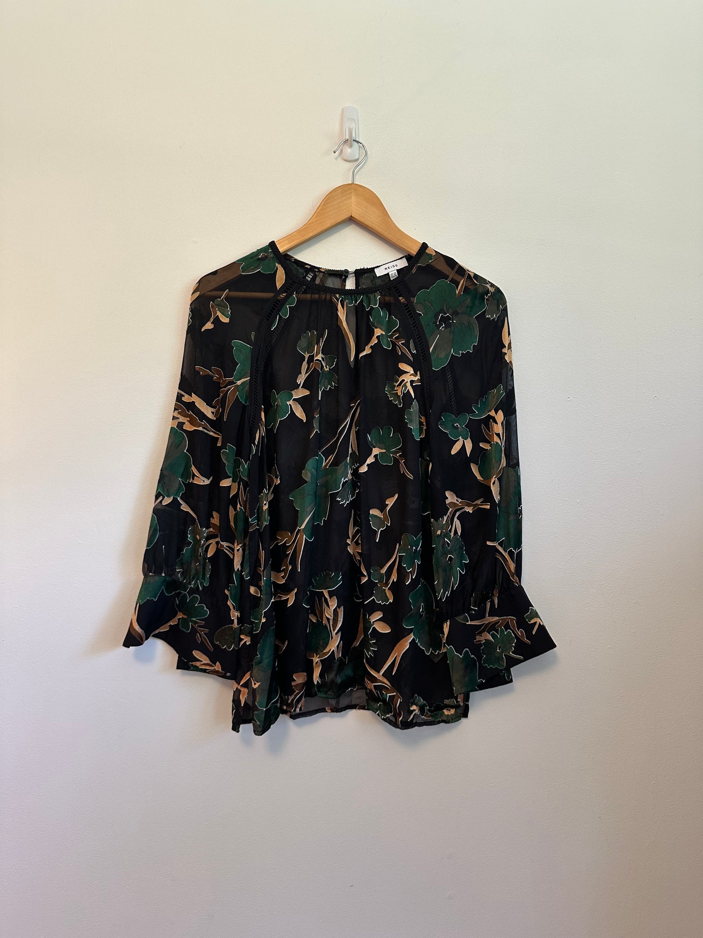 Reiss Floral Blouse in Green and Black | Size 8