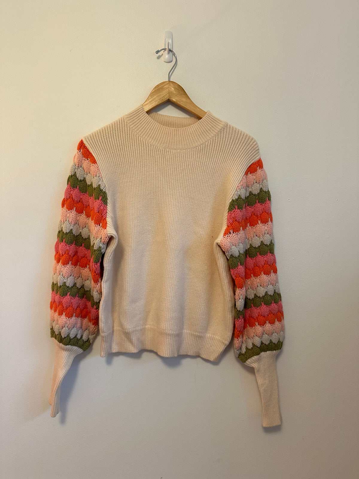THML Cream Mock Neck Sweater with Multi Color Crochet Puff Sleeve | Size Small
