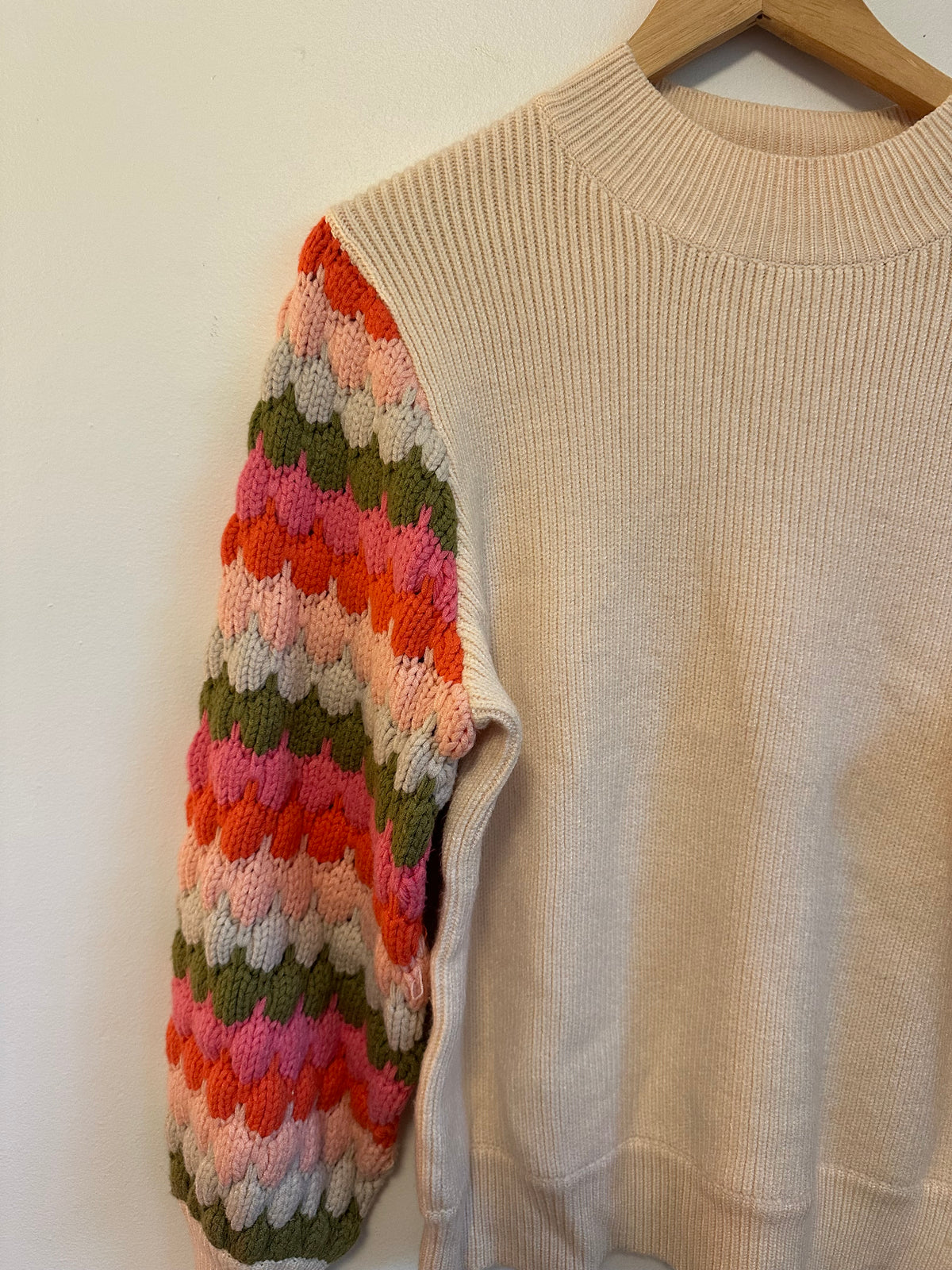 THML Cream Mock Neck Sweater with Multi Color Crochet Puff Sleeve | Size Small