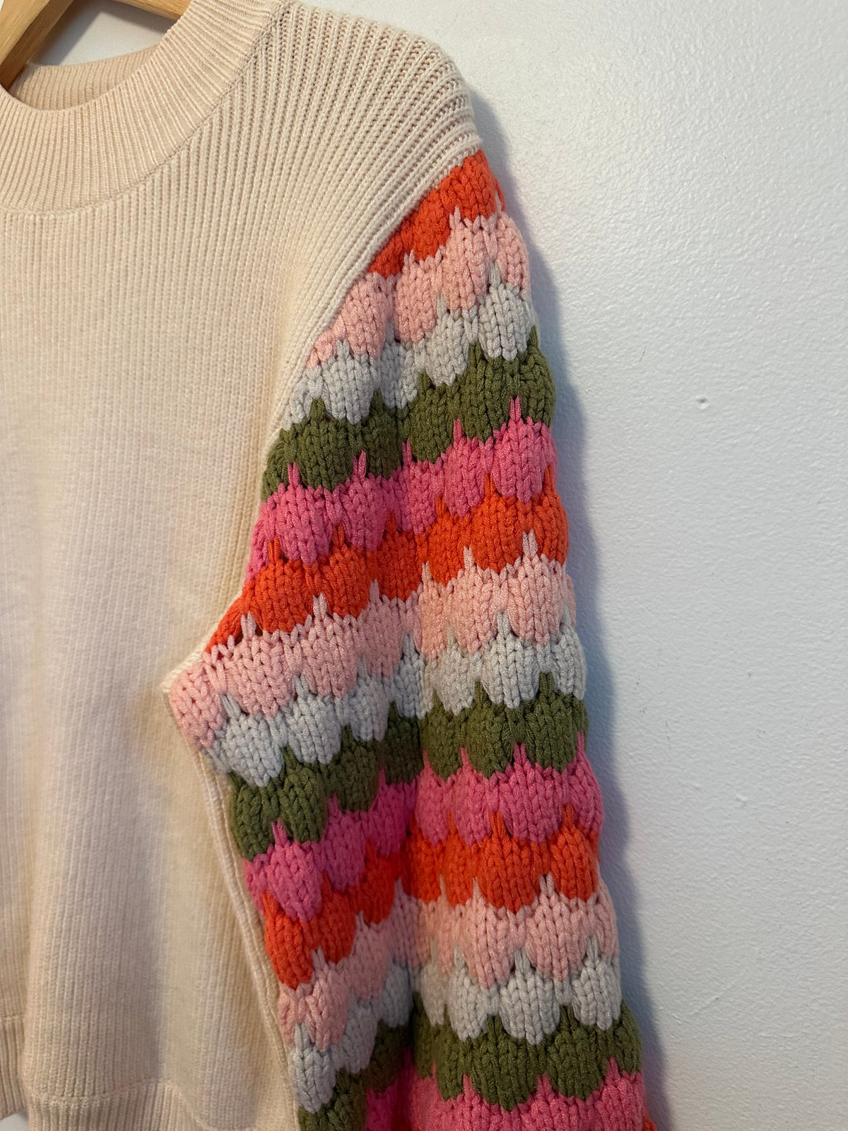 THML Cream Mock Neck Sweater with Multi Color Crochet Puff Sleeve | Size Small