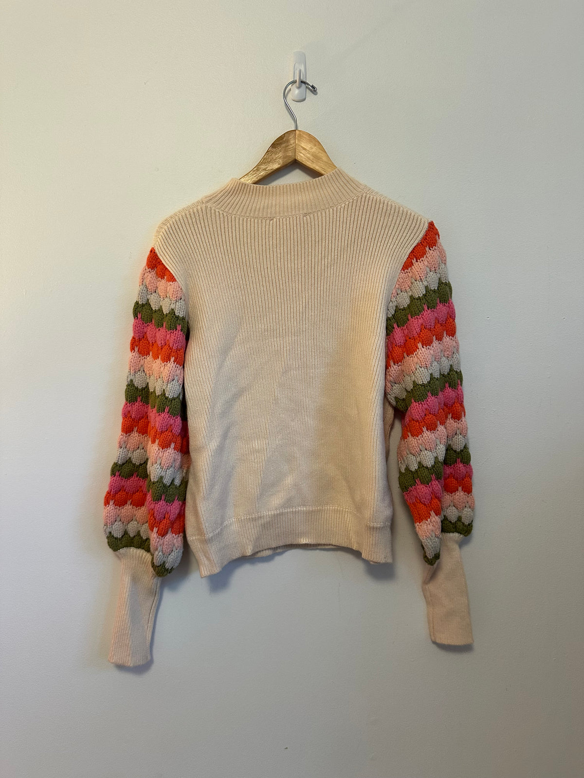 THML Cream Mock Neck Sweater with Multi Color Crochet Puff Sleeve | Size Small