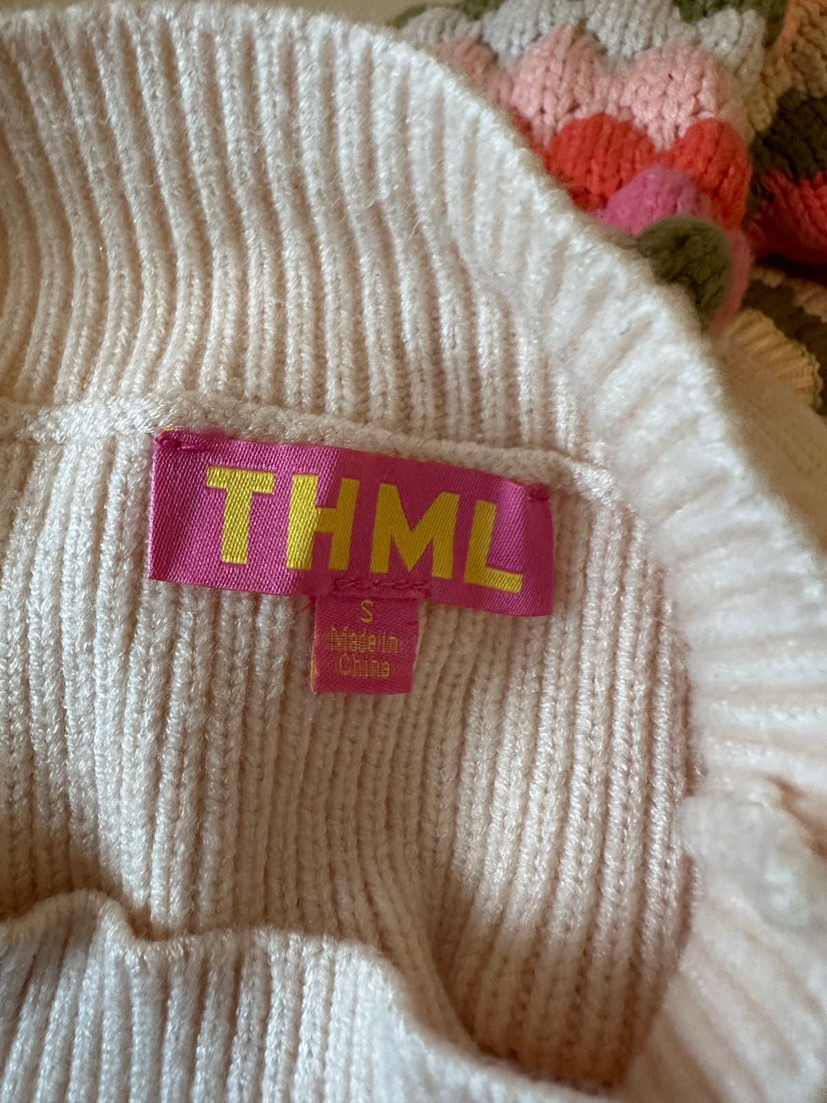 THML Cream Mock Neck Sweater with Multi Color Crochet Puff Sleeve | Size Small