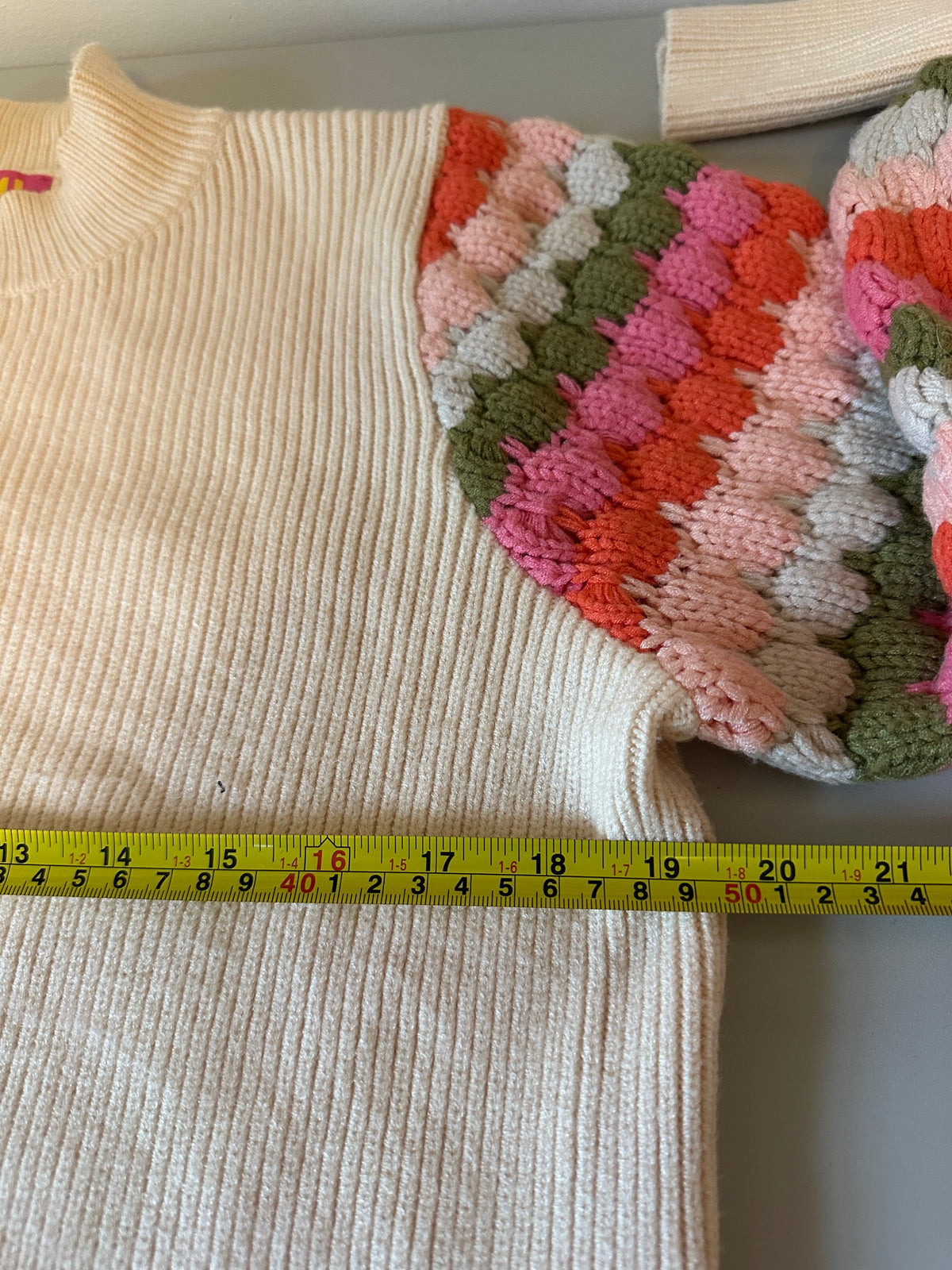THML Cream Mock Neck Sweater with Multi Color Crochet Puff Sleeve | Size Small