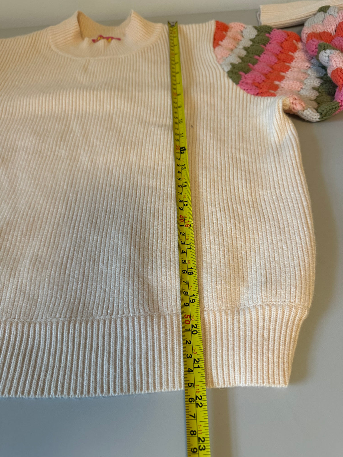 THML Cream Mock Neck Sweater with Multi Color Crochet Puff Sleeve | Size Small