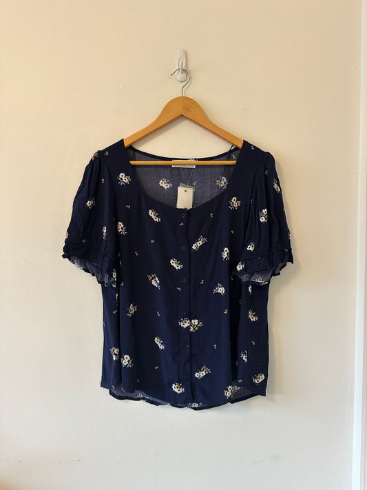 NWT Anthropologie Elodie Navy Blue Floral Ruffle Puff Sleeve Blouse | Size XL