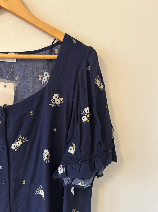 NWT Anthropologie Elodie Navy Blue Floral Ruffle Puff Sleeve Blouse | Size XL