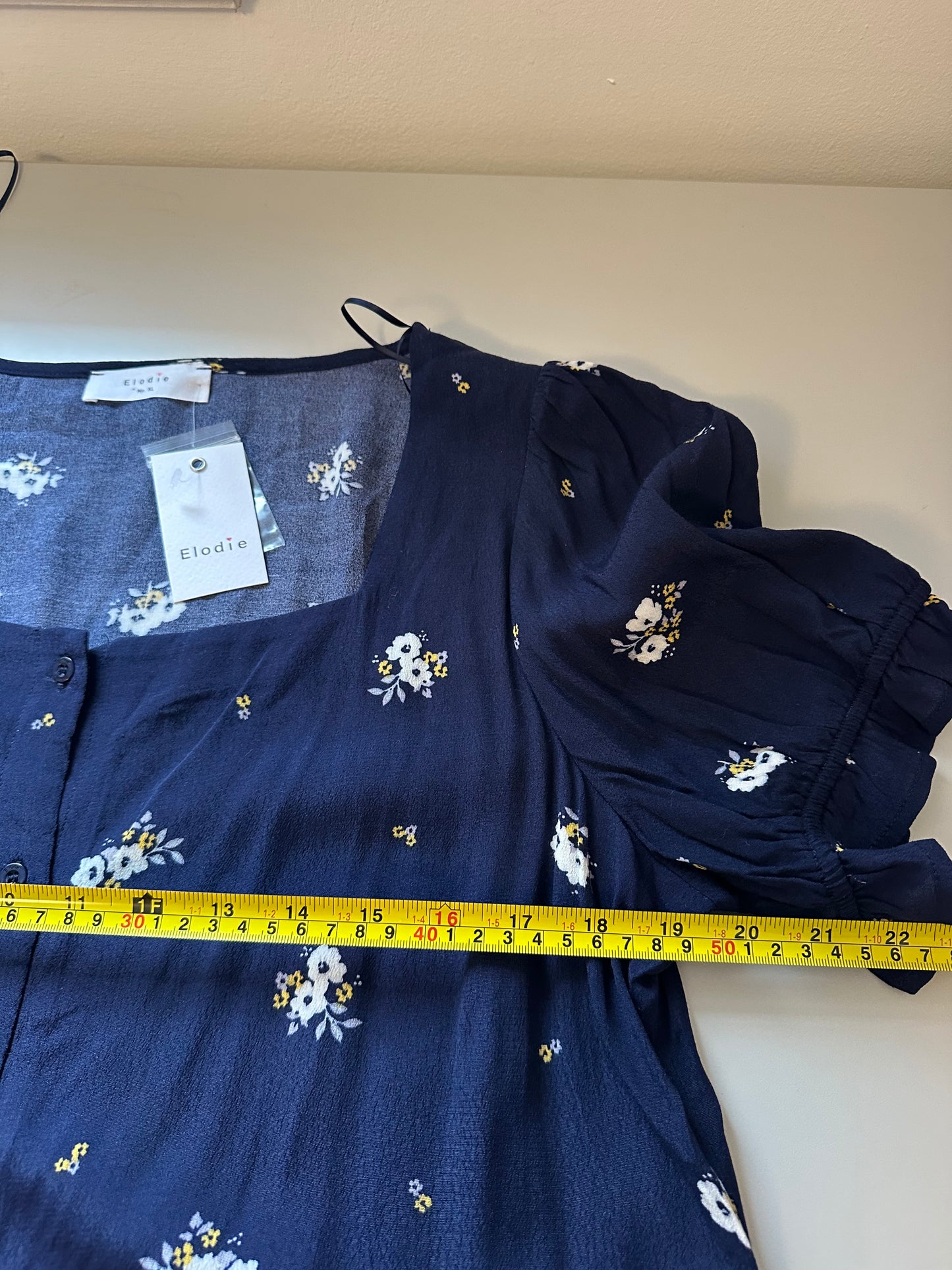 NWT Anthropologie Elodie Navy Blue Floral Ruffle Puff Sleeve Blouse | Size XL