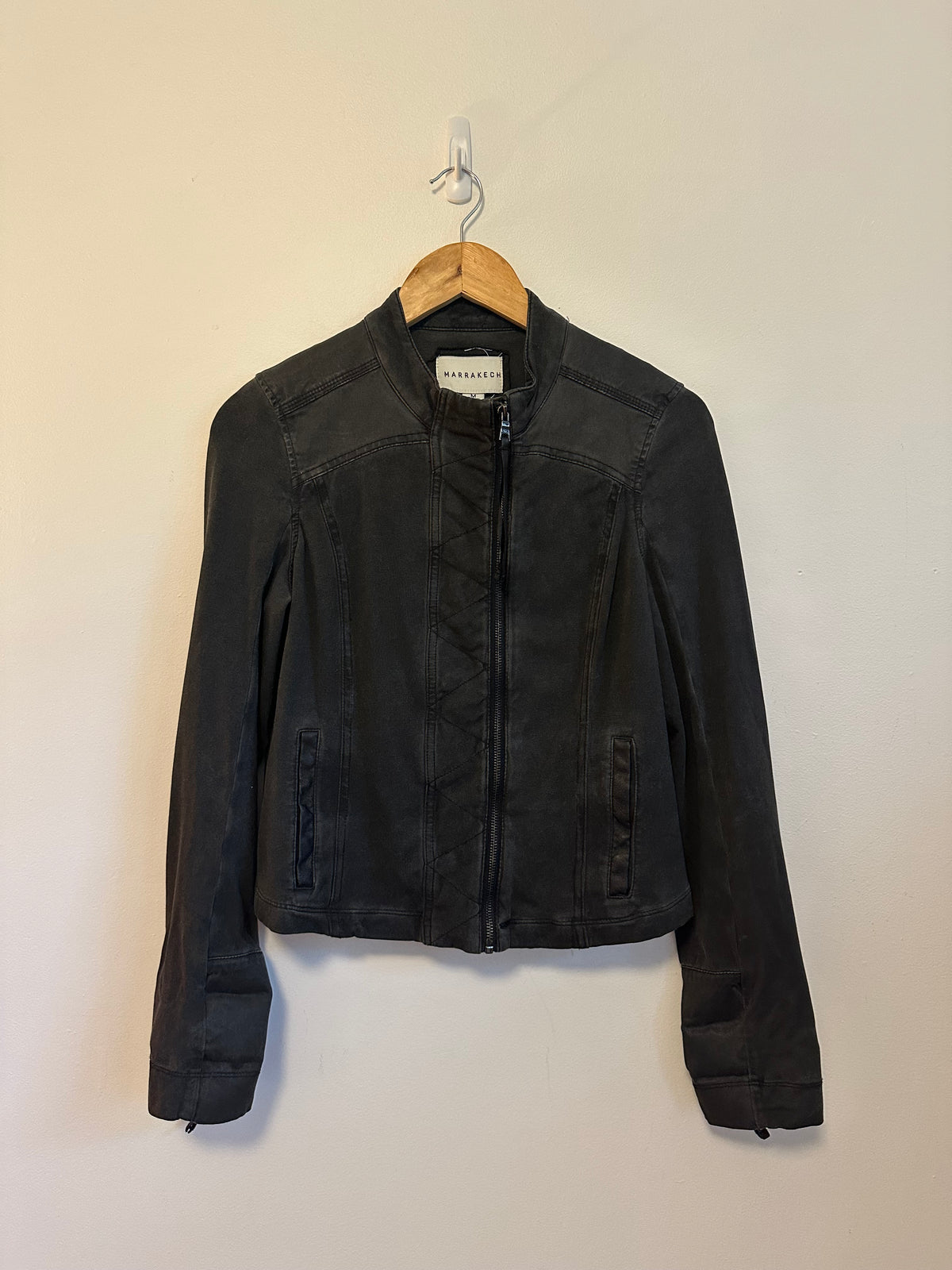 Marrakech Faded Black Stretch Cotton Moto Jacket | Size Medium