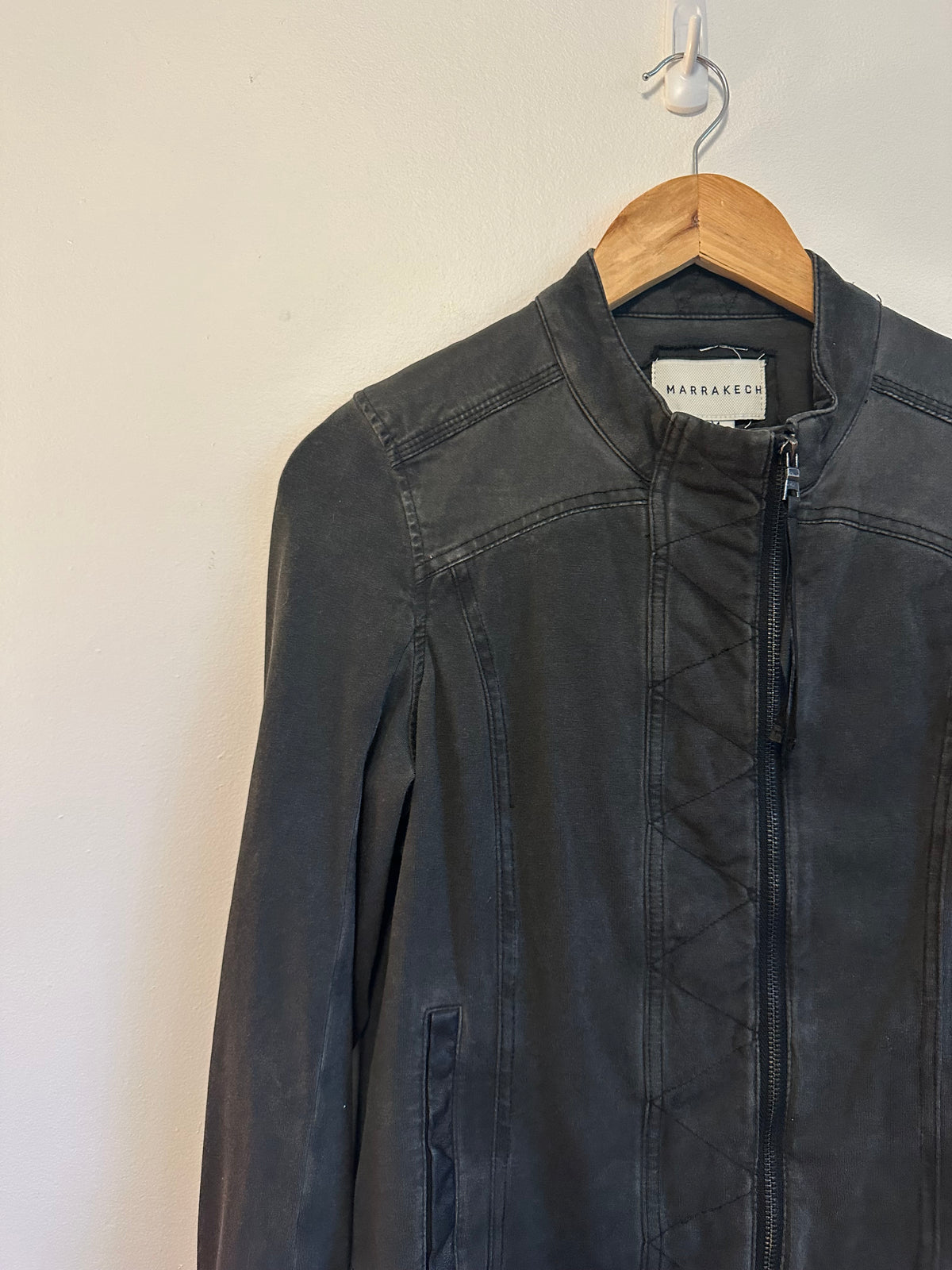 Marrakech Faded Black Stretch Cotton Moto Jacket | Size Medium