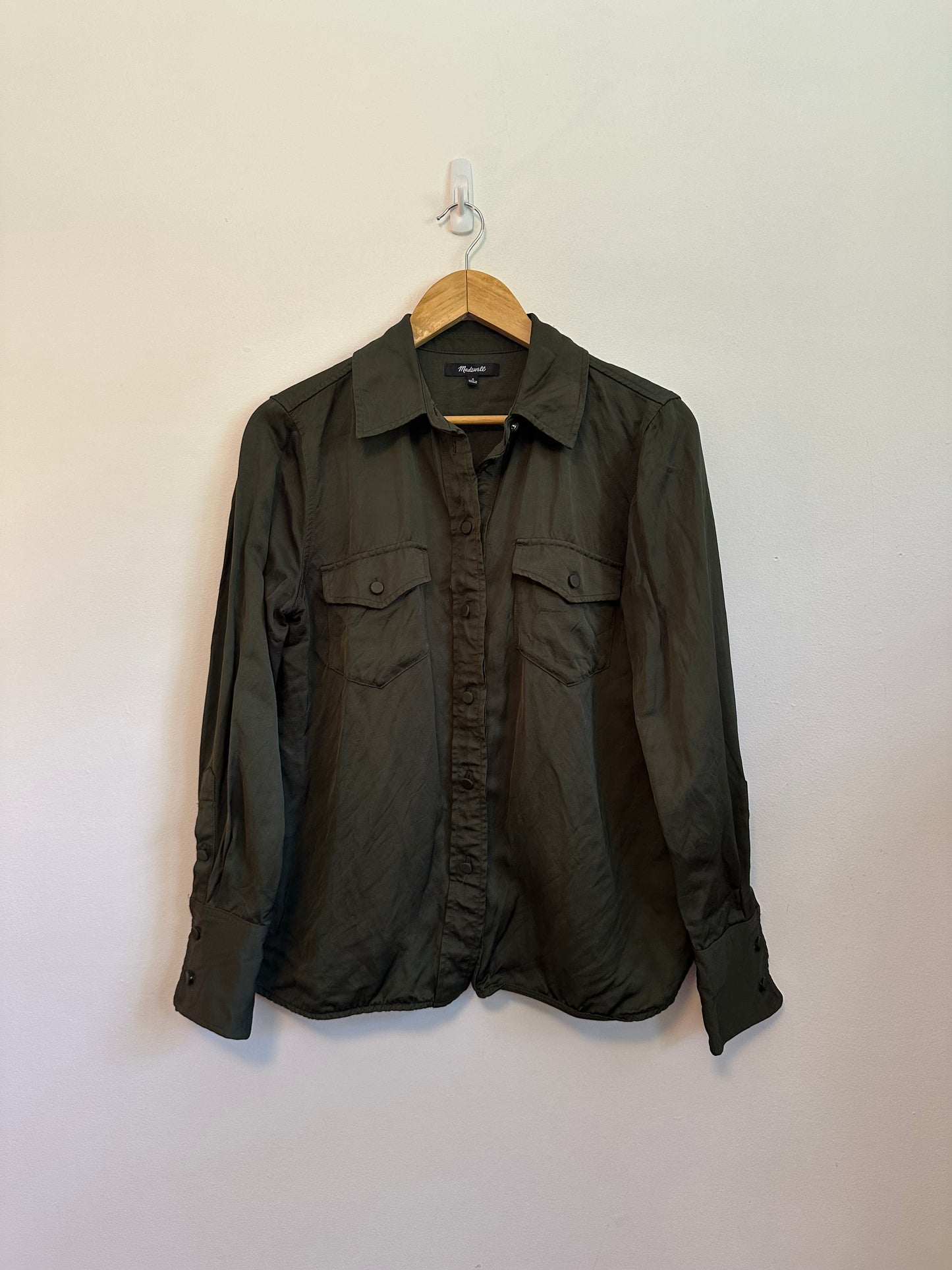 Madewell Olive Green Viscose Linen Button Down Utility Shirt | Size 8