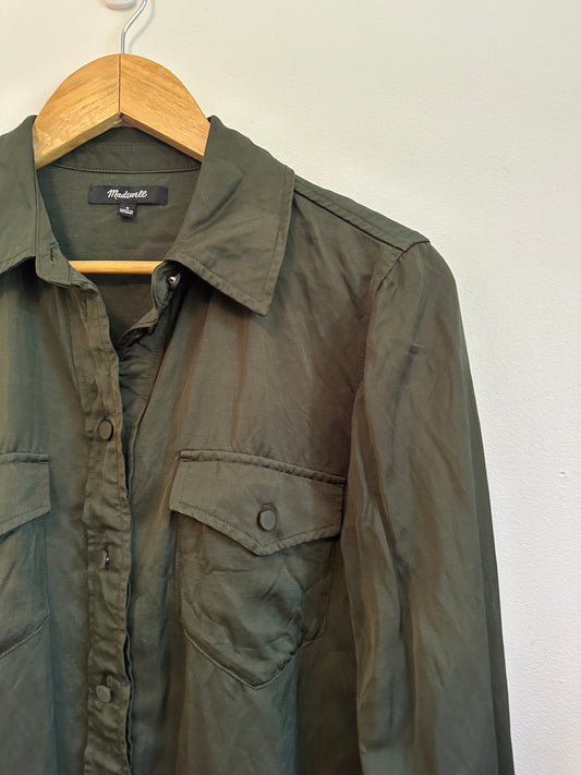 Madewell Olive Green Viscose Linen Button Down Utility Shirt | Size 8