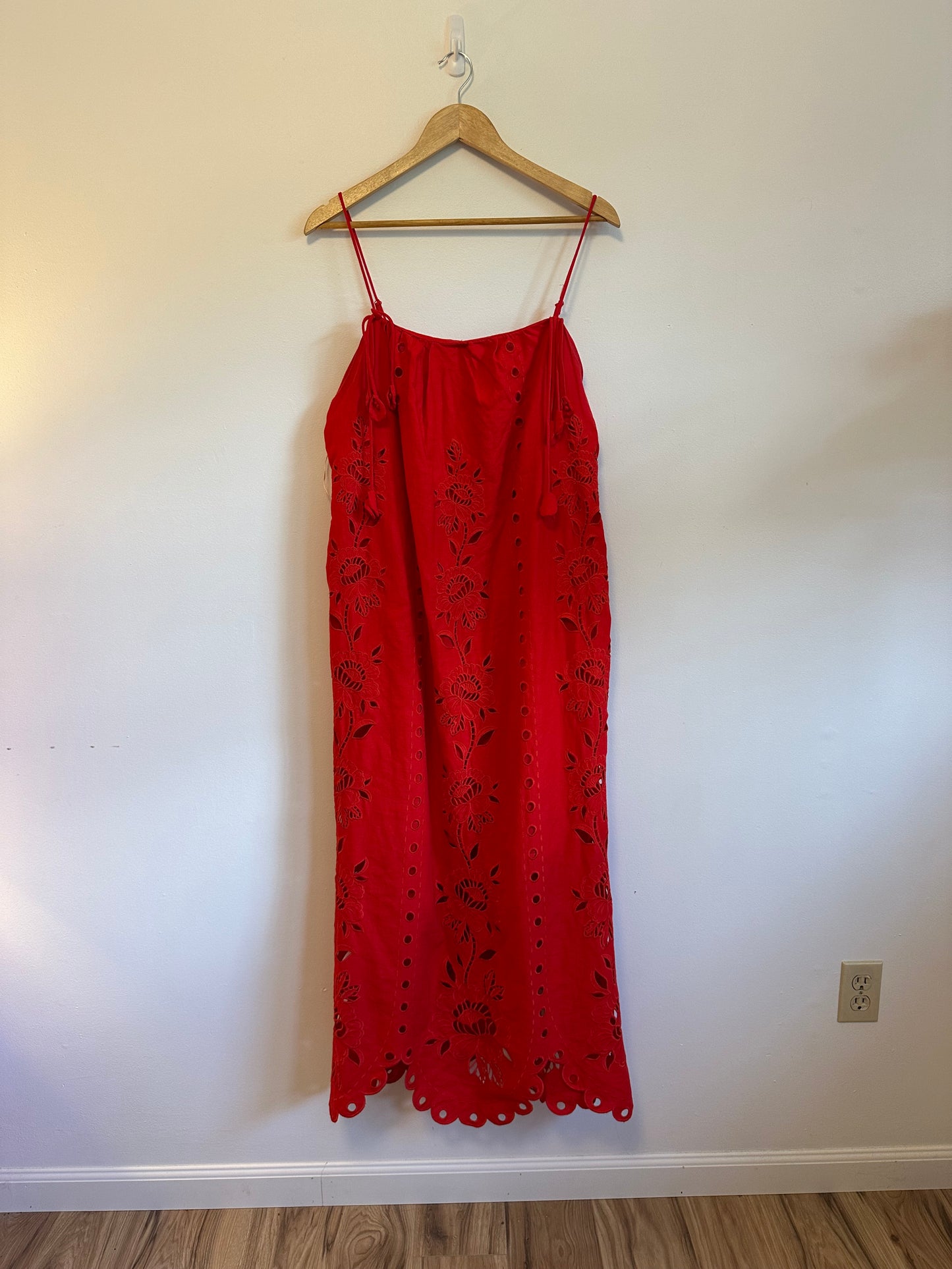 Farm Rio Red Flowers Richelieu Eyelet Floral Maxi Dress | Size Large