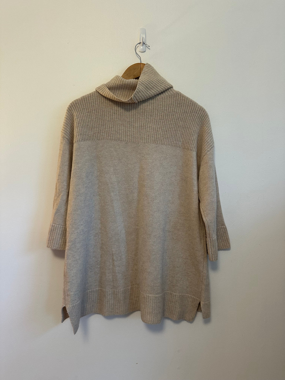 Claudia Nichole Merino Wool Cashmere Turtleneck Sweater in Beige | Size Small