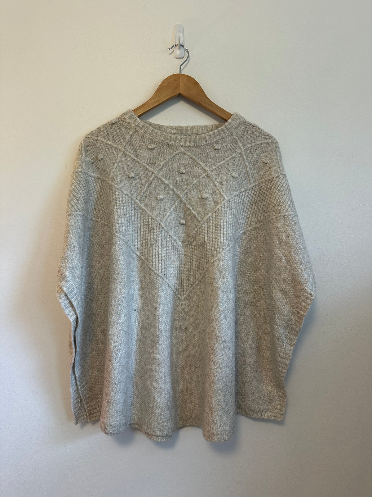 NWT Loft Oatmeal Heather Knit Poncho Sweater in Diamond Bobble Texture | Size XS/S