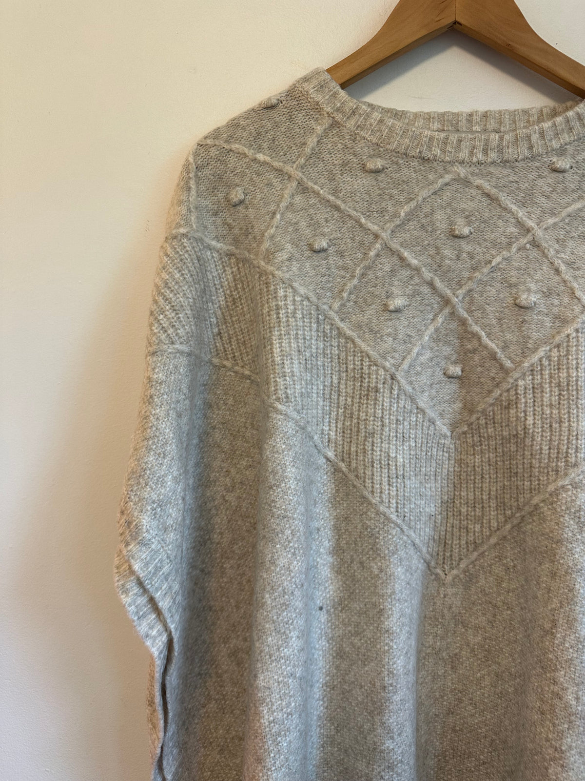 NWT Loft Oatmeal Heather Knit Poncho Sweater in Diamond Bobble Texture | Size XS/S