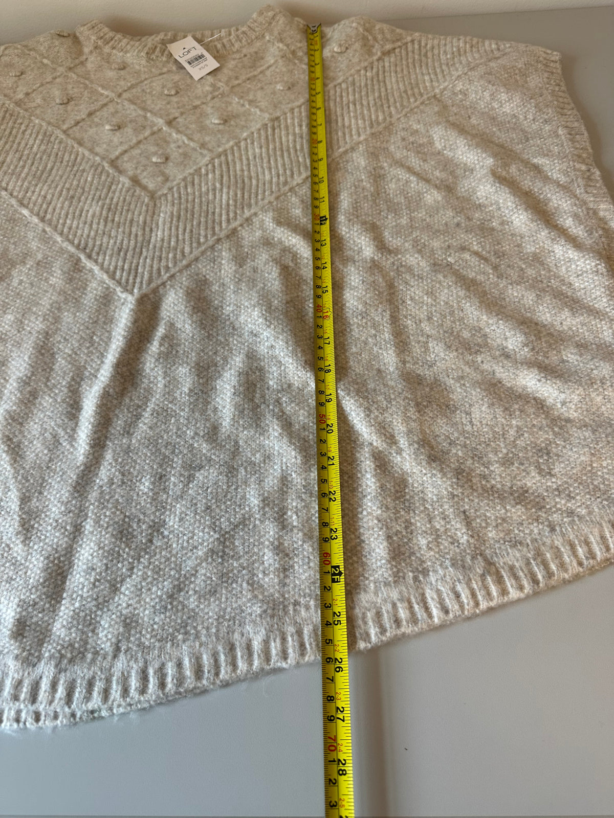 NWT Loft Oatmeal Heather Knit Poncho Sweater in Diamond Bobble Texture | Size XS/S