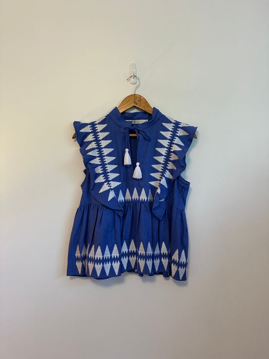 Marie Oliver Blue Embroidered Linen Blend Tassel Tie Peplum Top | Size XS