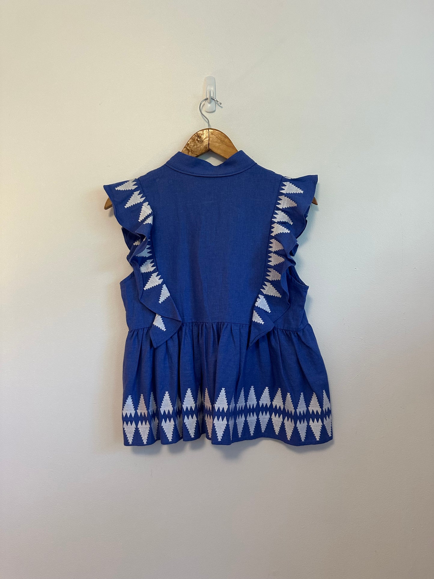 Marie Oliver Blue Embroidered Linen Blend Tassel Tie Peplum Top | Size XS