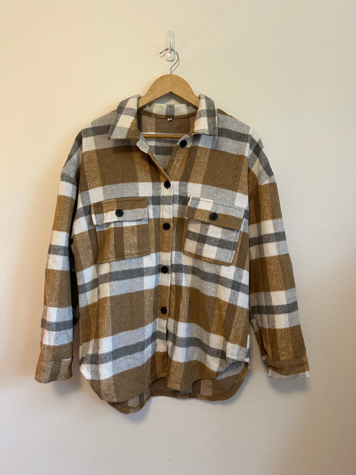 Tan and White Plaid Oversized Button Down Shirt Jacket | Size Medium